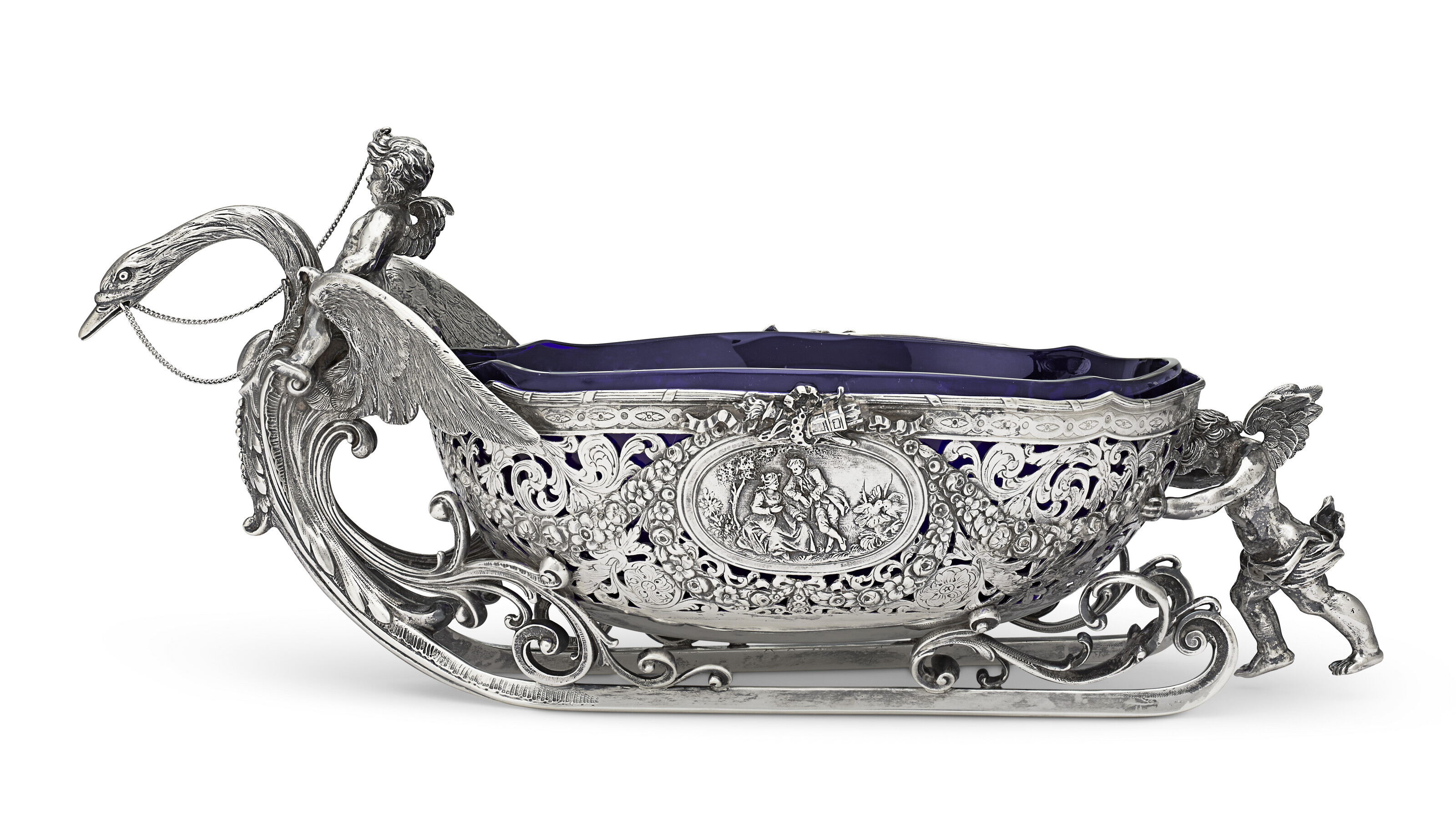 A GERMAN SILVER SLEIGH-FORM CENTERPIECE BOWL, RETAILED BY J.D.