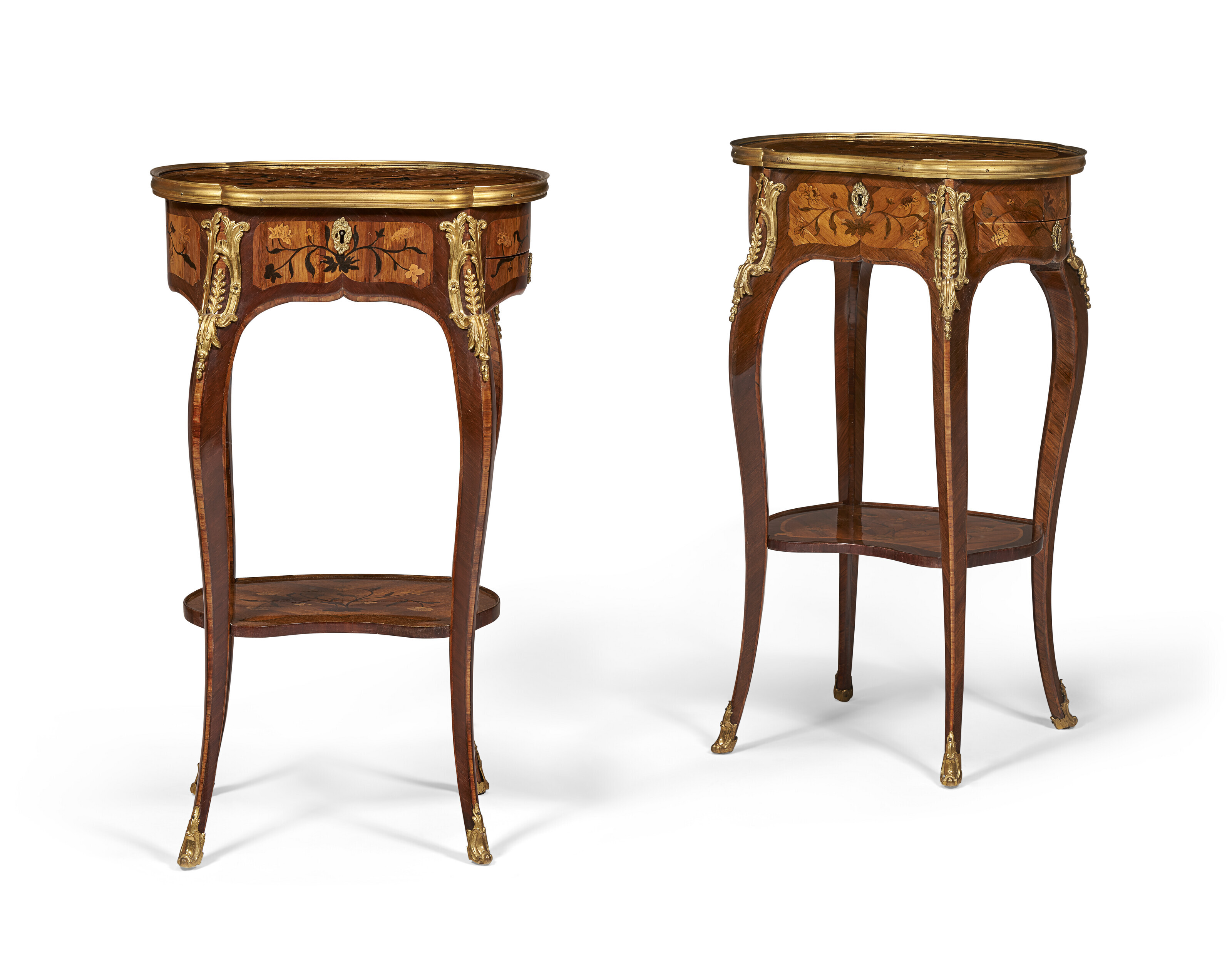 A Pair of French Ormolu Mounted Red & Gilt Japanned Side Tables