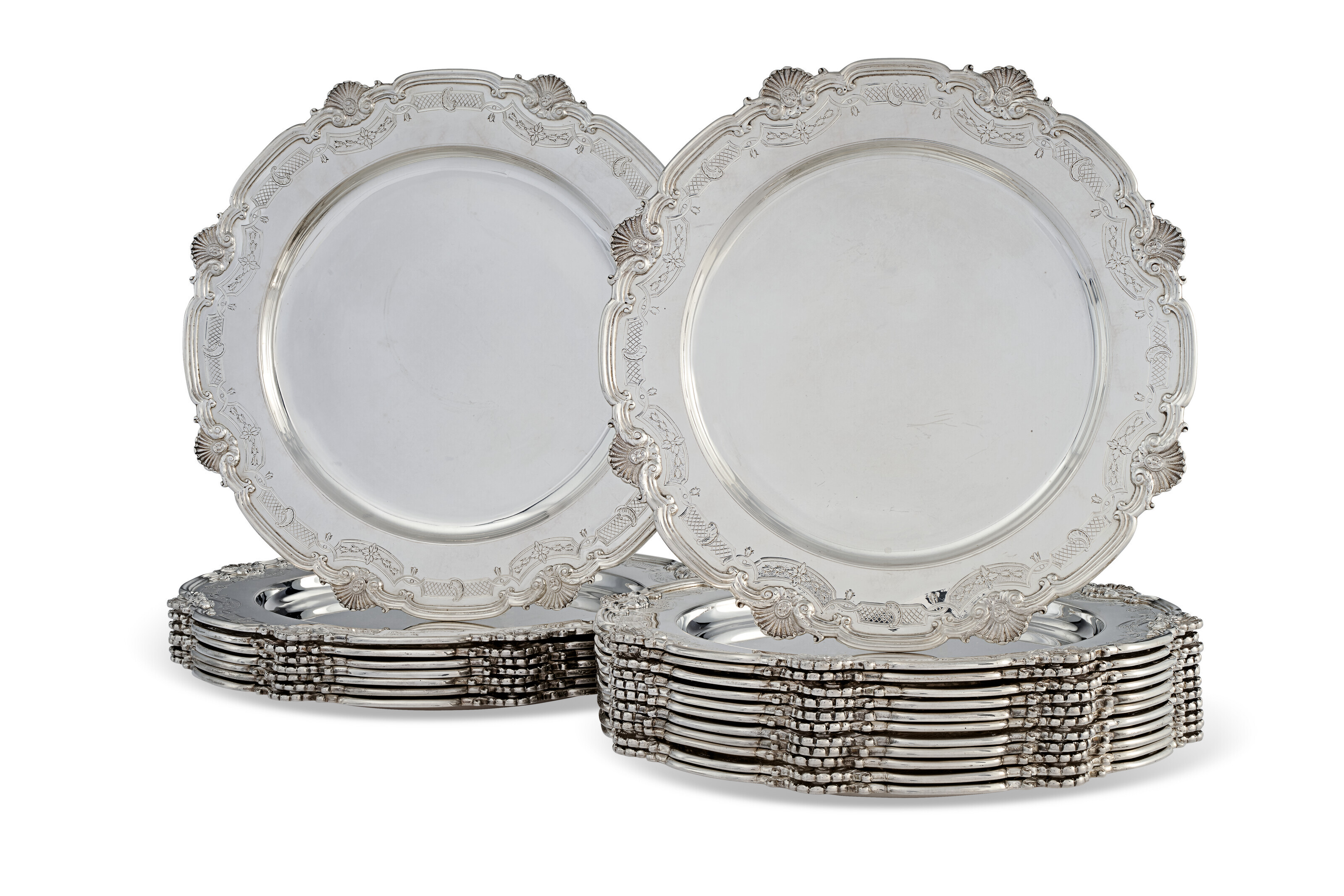 A SET OF SEVENTEEN V SILVER DINNER PLATES, AND SIXTEEN V
