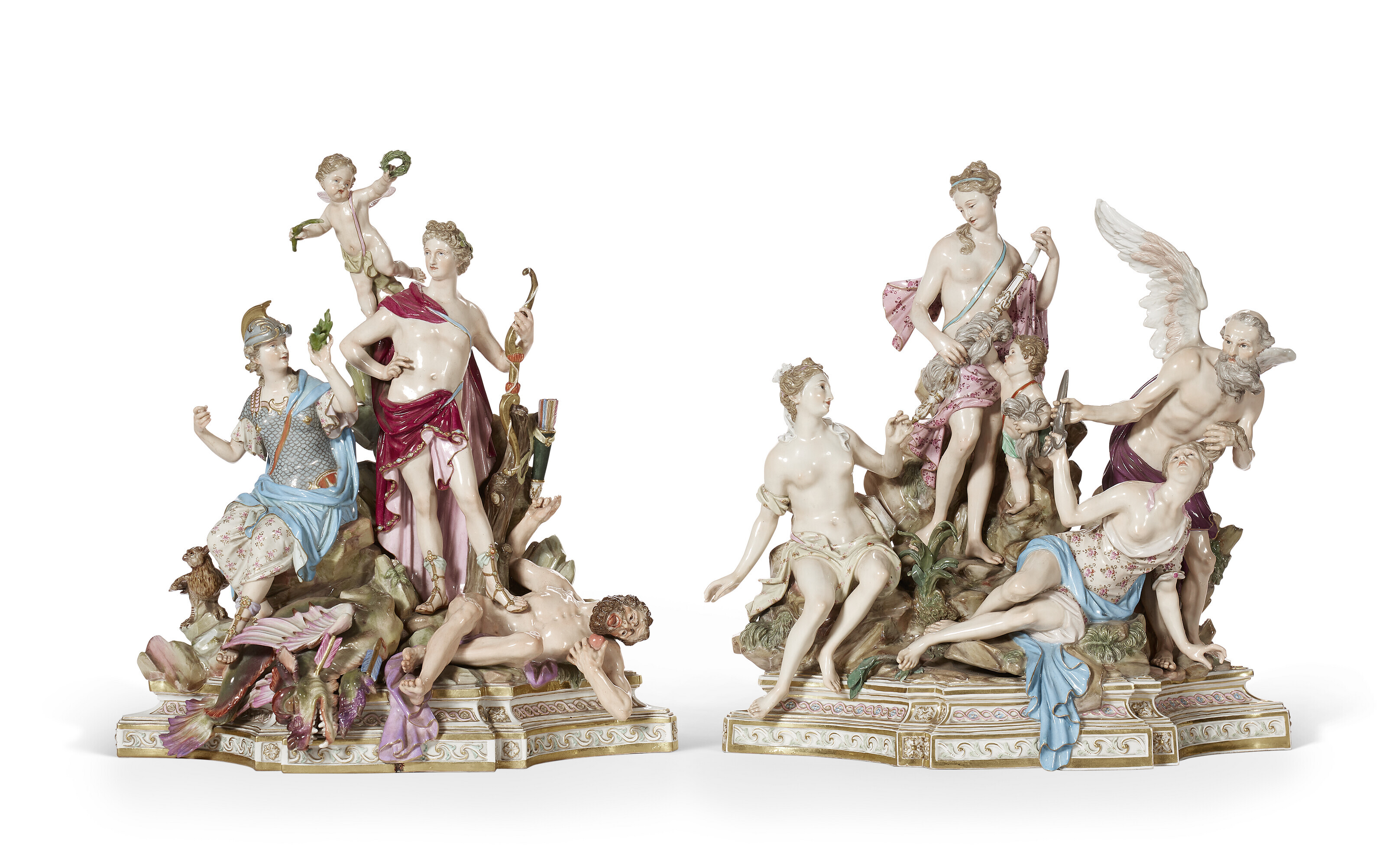 A LARGE PAIR OF MEISSEN PORCELAIN MYTHOLOGICAL FIGURE GROUPS, LATE 19TH  CENTURY, BLUE CROSSED SWORDS MARKS, INCISED MODEL NOS. 32 AND 33, BLACK  PAINTED 18. TO THE PARCAE, AFTER THE MODELS BY
