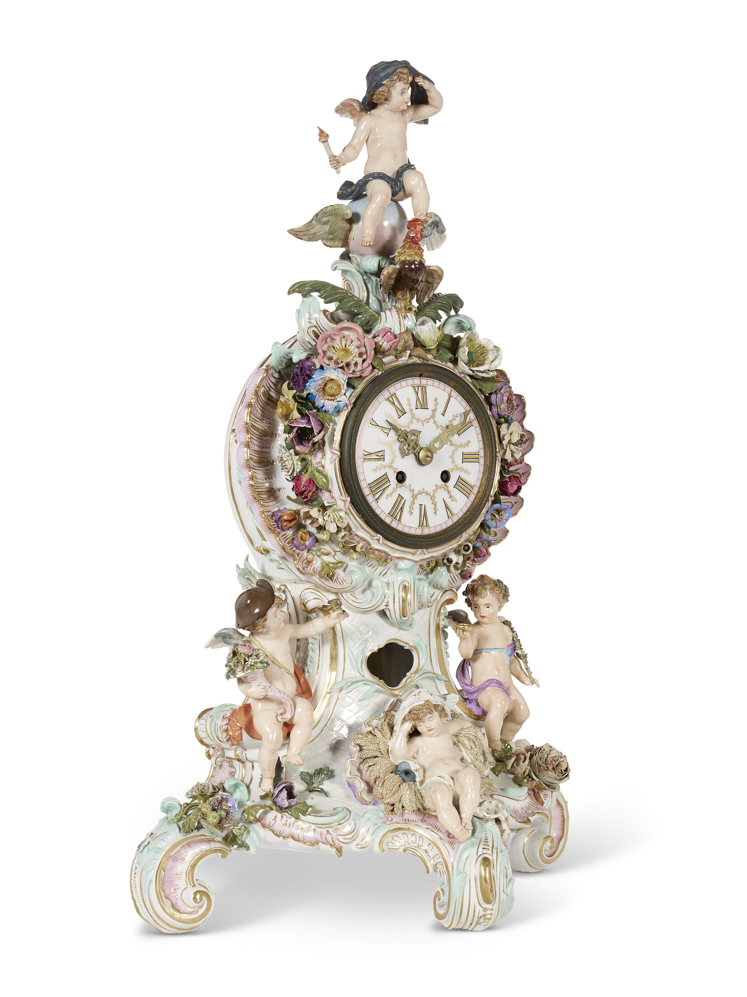 A MEISSEN PORCELAIN FLOWER-ENCRUSTED FIGURAL MANTEL CLOCK, DATED