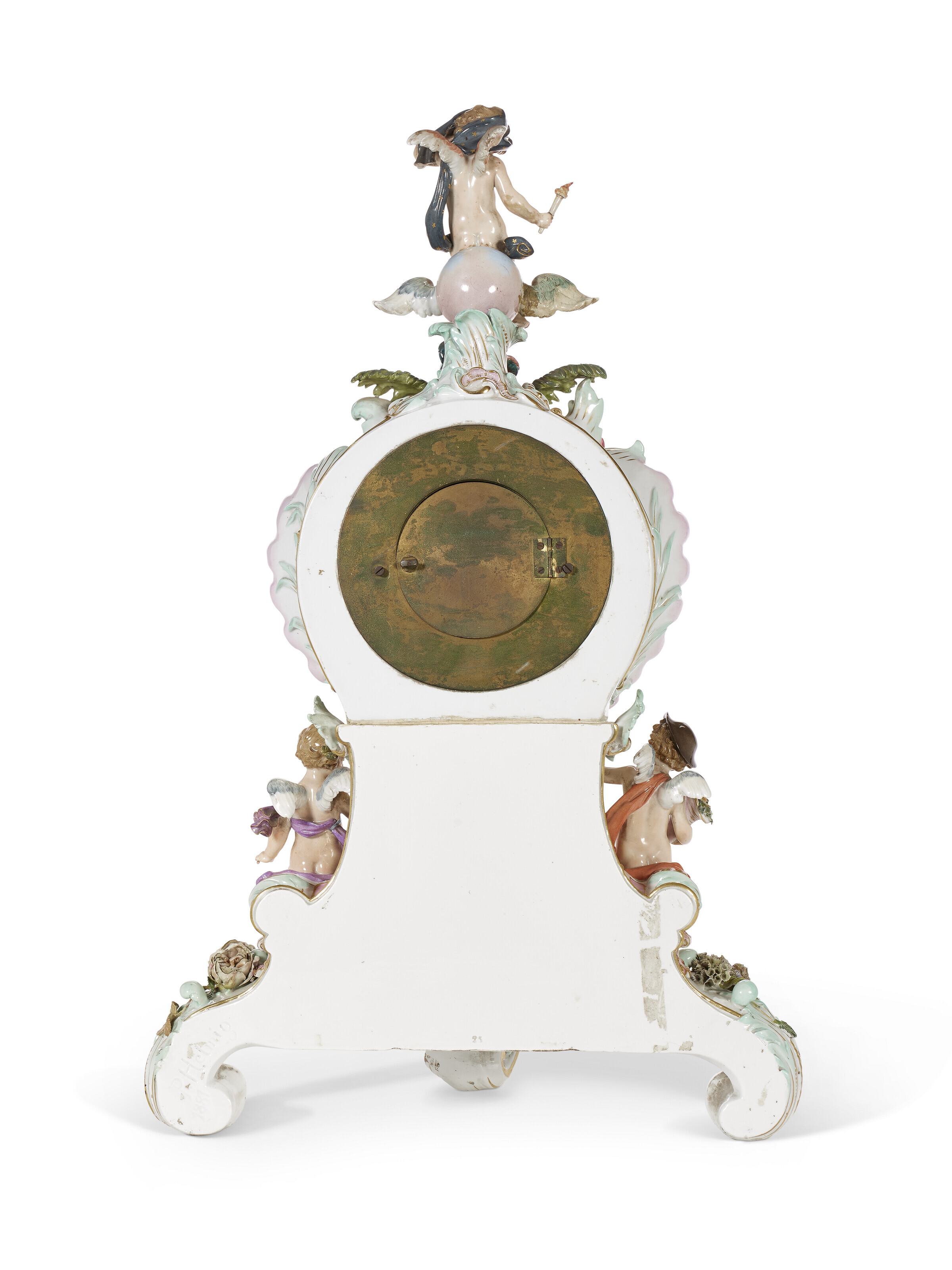 A MEISSEN PORCELAIN FLOWER-ENCRUSTED FIGURAL MANTEL CLOCK, DATED