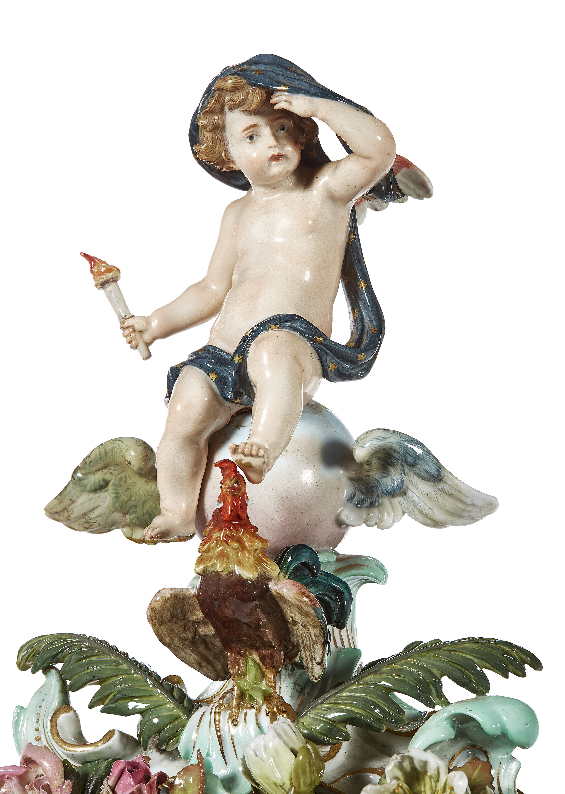 A MEISSEN PORCELAIN FLOWER-ENCRUSTED FIGURAL MANTEL CLOCK, DATED
