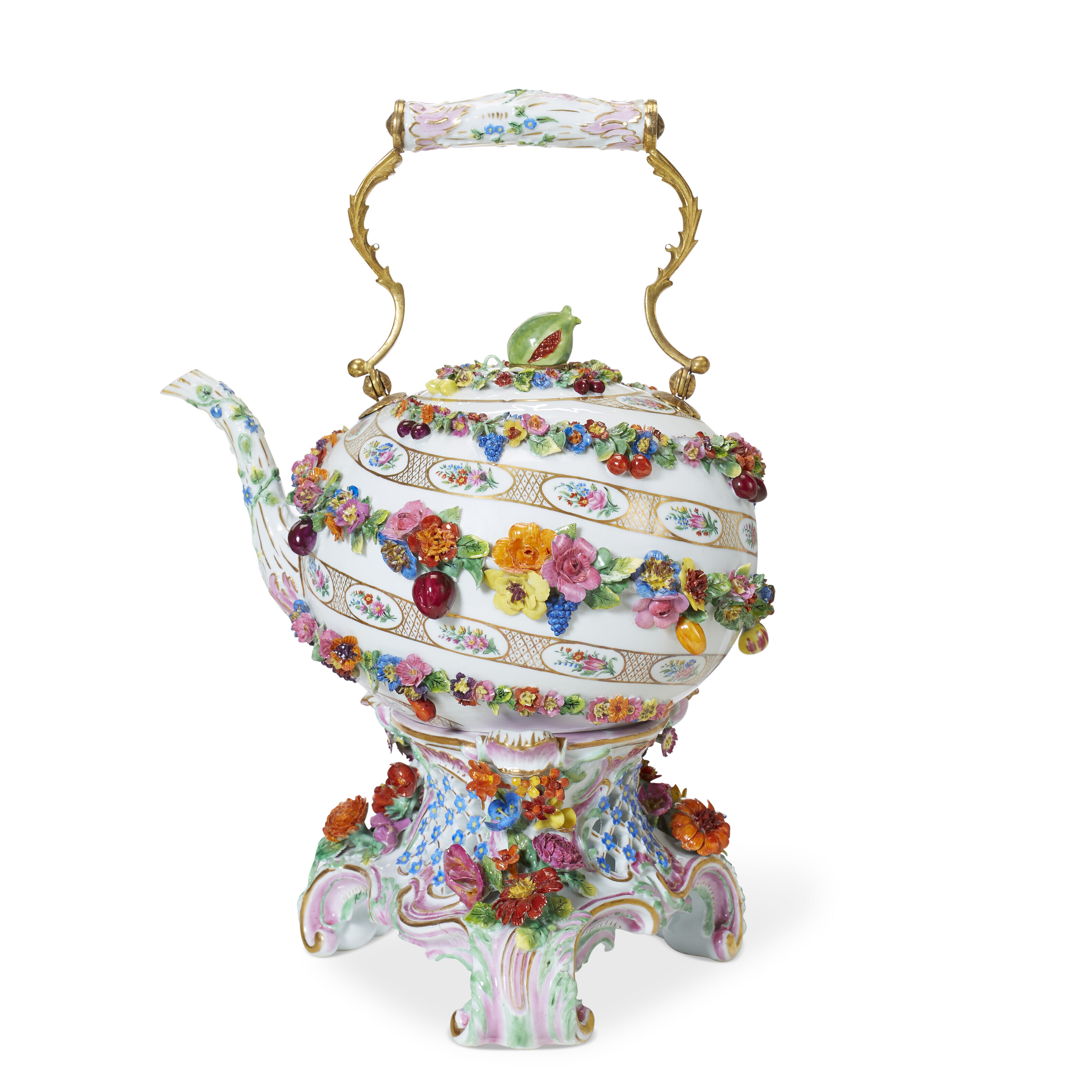A MEISSEN PORCELAIN FLOWERENCRUSTED TEA KETTLE, COVER AND STAND, LATE