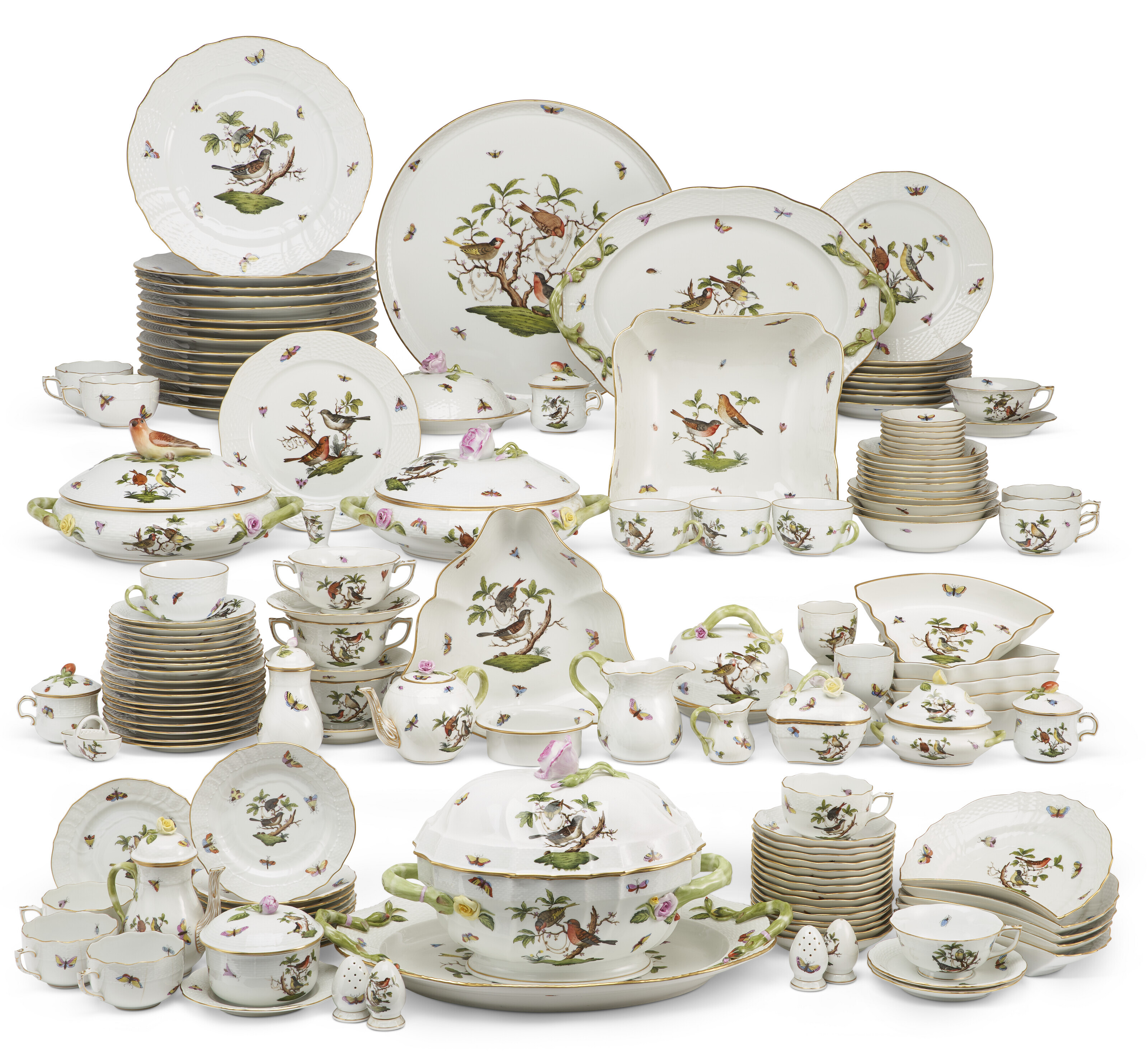 A HEREND PORCELAIN 'ROTHSCHILD BIRDS' PART DINNER SERVICE, 20TH CENTURY ...