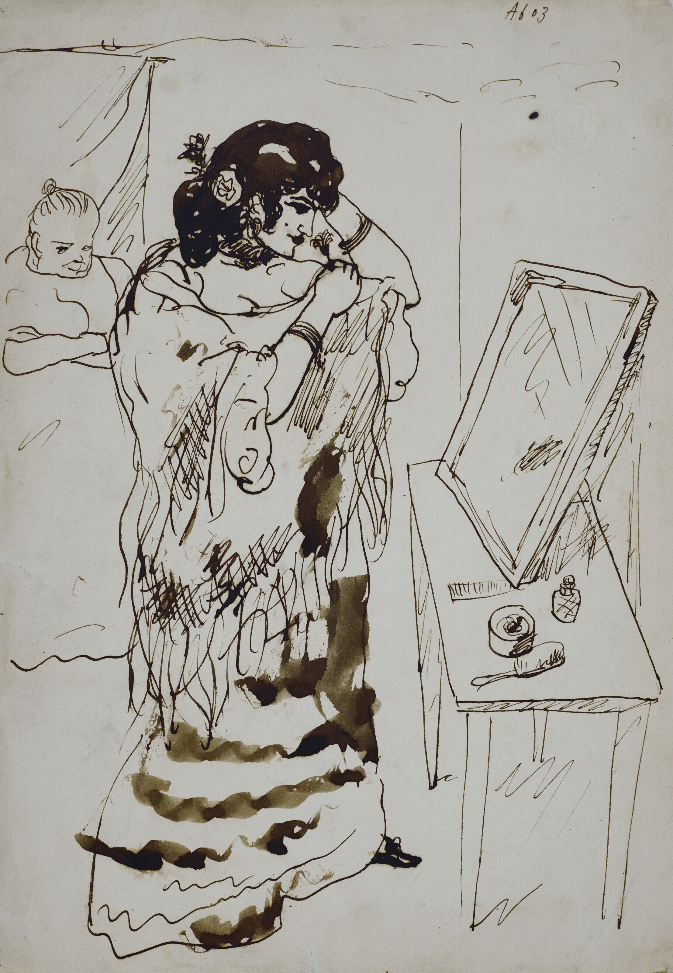 Pablo Picasso (1881-1973), L&rsquo;espagnole devant le miroir, 1903. Pen and brush and India ink on paper. 12⅜ x 8⅝ in (31.5 x 22 cm). Estimate: $150,000-250,000. Offered in Impressionist and Modern Works on Paper Sale on 13 May 2023 at Christie&rsquo;s in New York