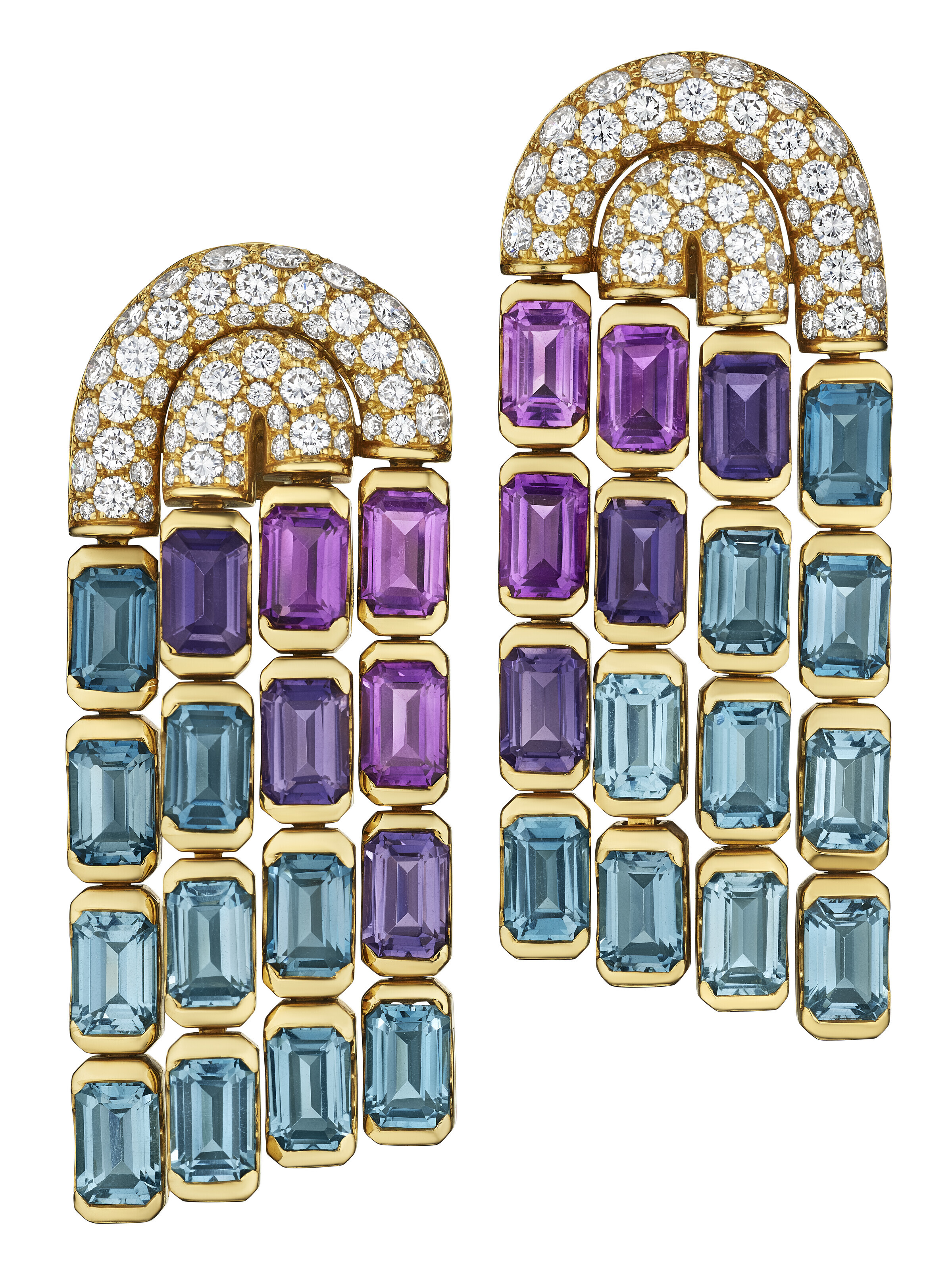 Bulgari multi-gem and diamond earrings. 5.8 cm (2&frac14; in). Sold for $42,840 in Magnificent Jewels on 7 June 2023 at Christie&rsquo;s in New York