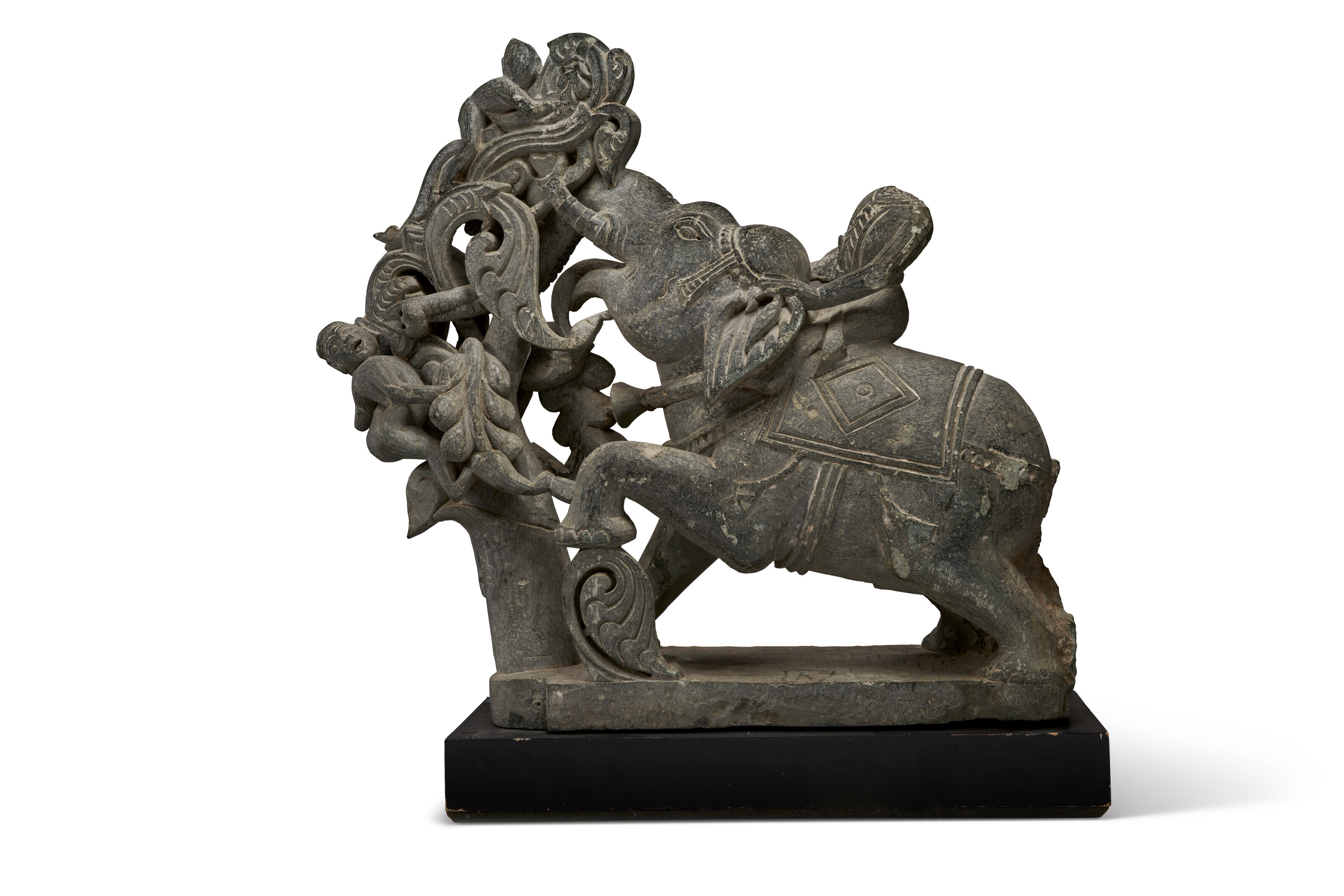 Old Painted Stone Elephant Statue From Gujarat - 19thC