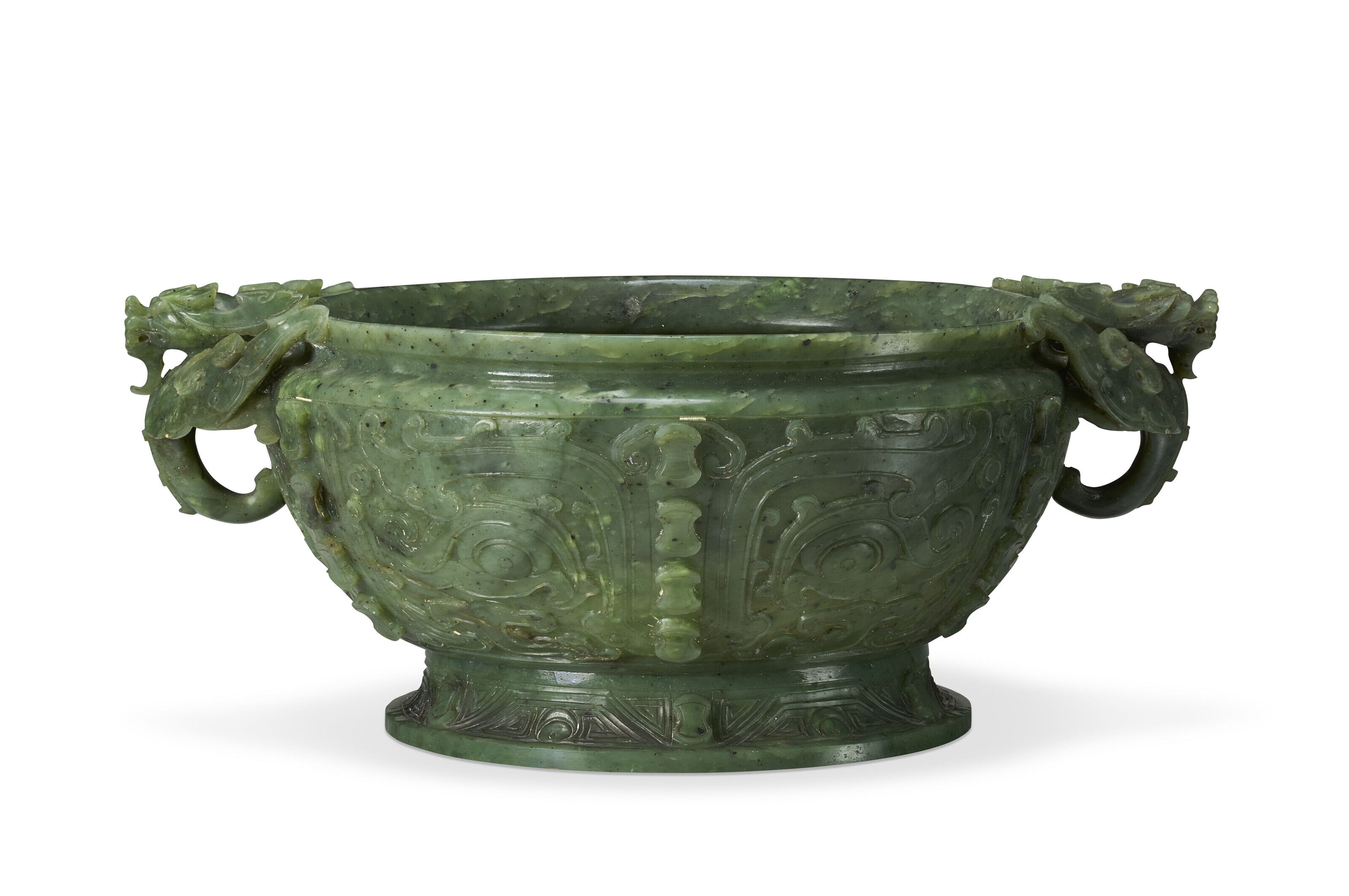 A CARVED SPINACH-GREEN JADE ARCHAISTIC CENSER, CHINA, 19TH CENTURY