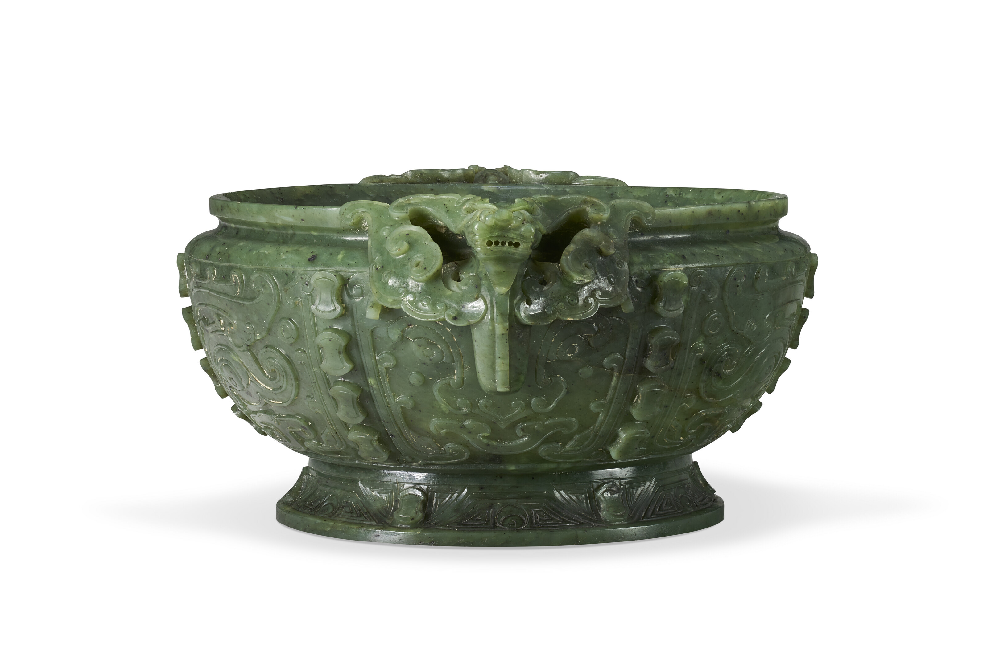 A CARVED SPINACH-GREEN JADE ARCHAISTIC CENSER, CHINA, 19TH CENTURY