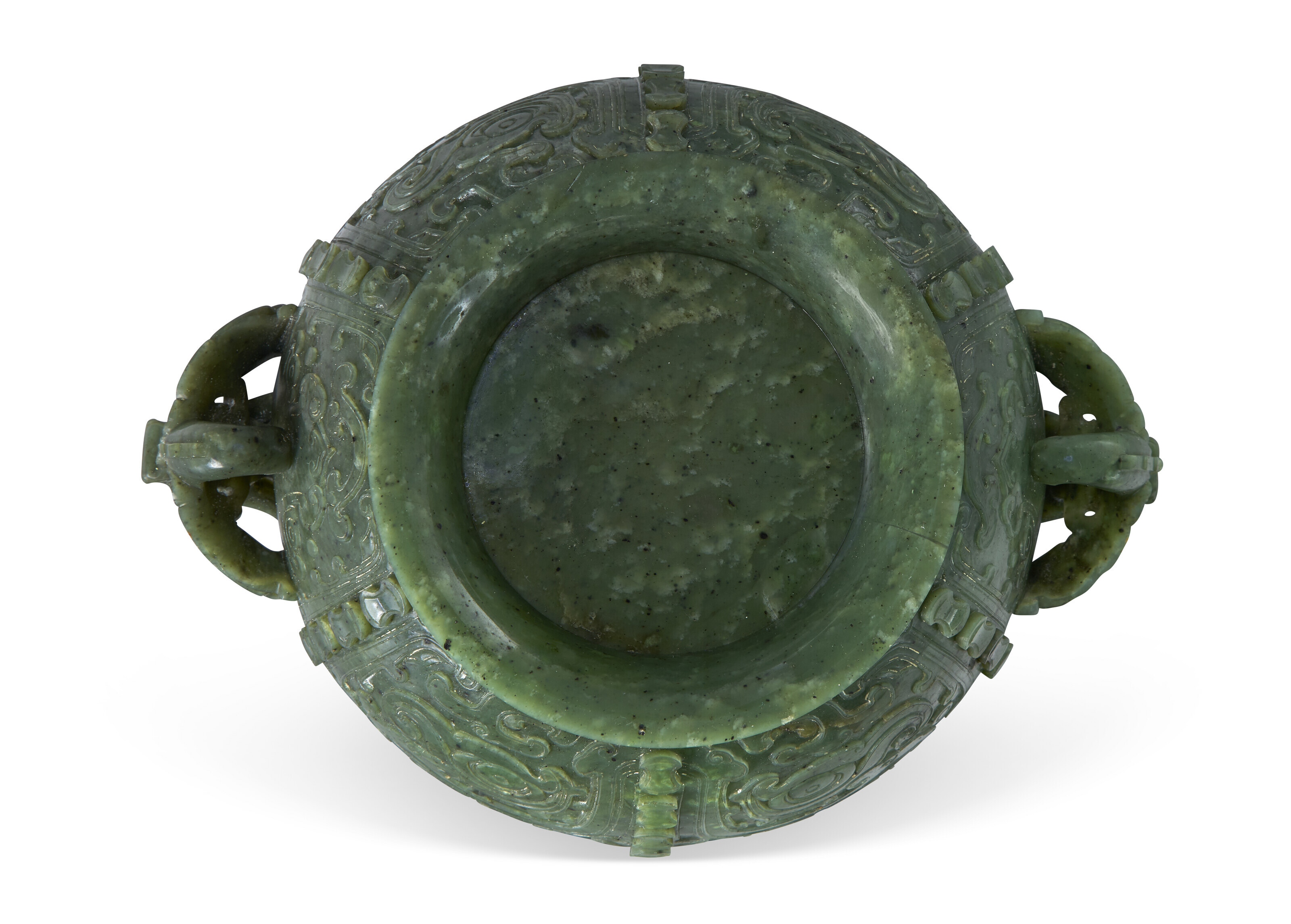 A CARVED SPINACH-GREEN JADE ARCHAISTIC CENSER, CHINA, 19TH CENTURY