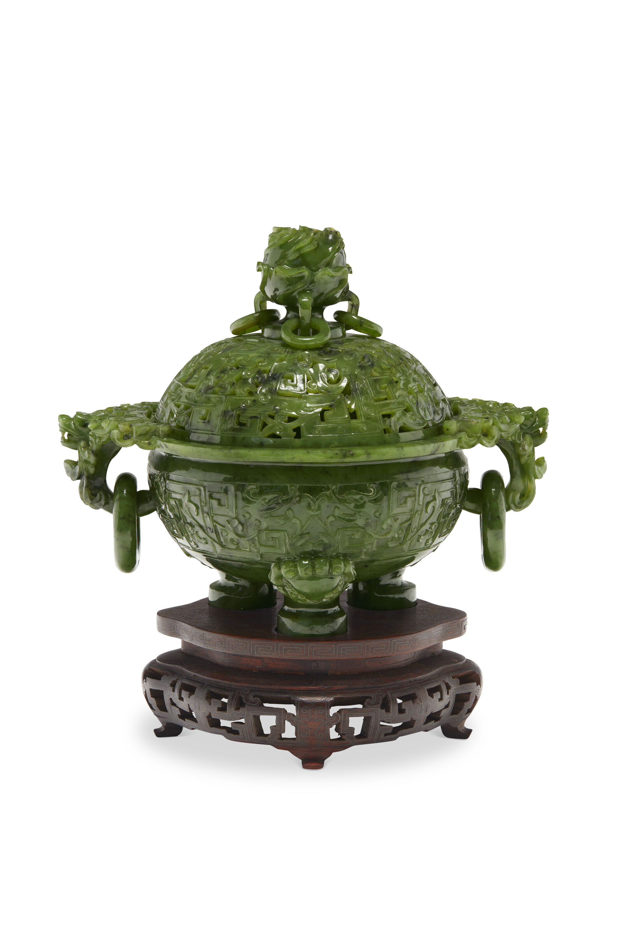 A CARVED SPINACH-GREEN JADE ARCHAISTIC CENSER, CHINA, 19TH CENTURY