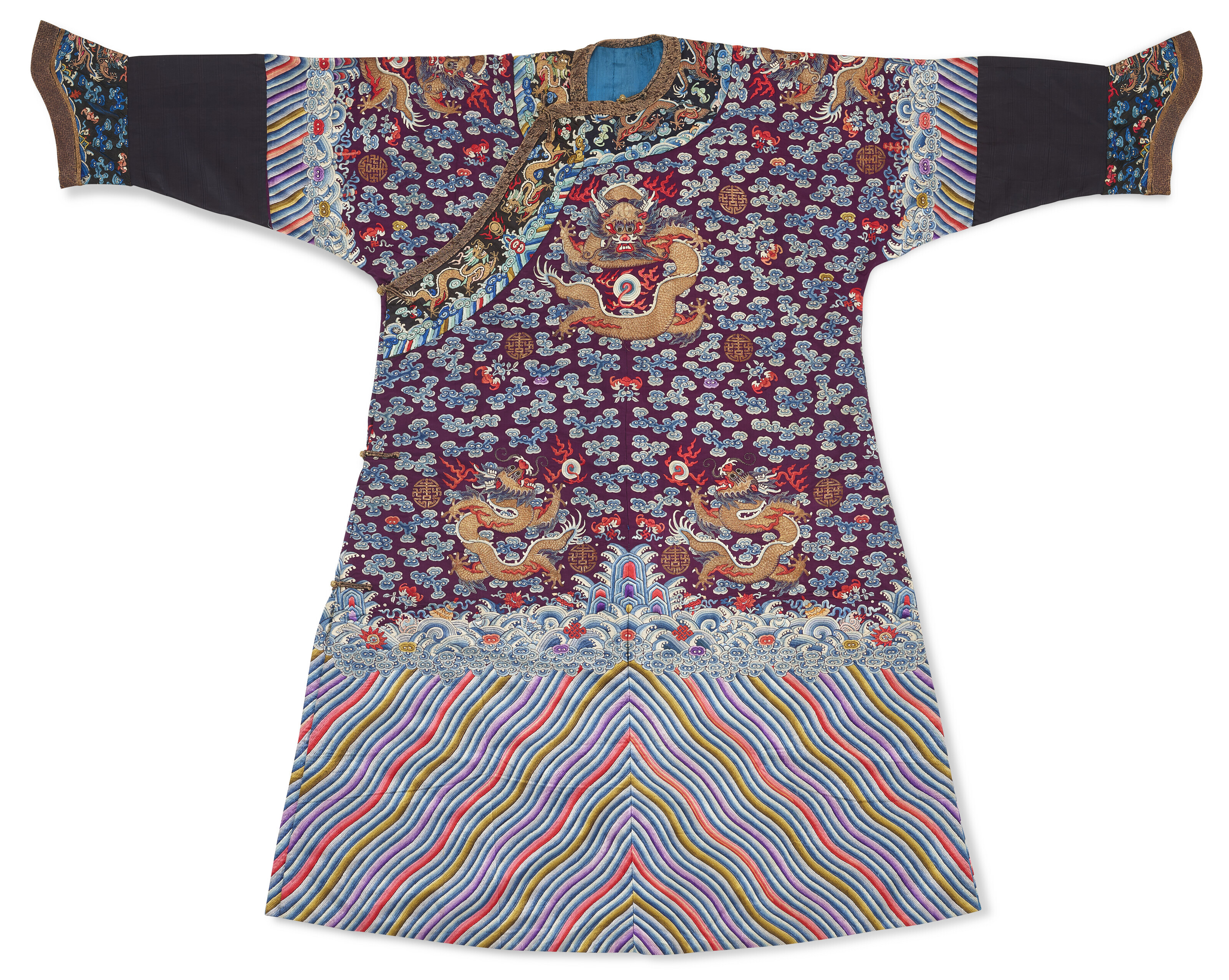 AN EMBROIDERED DARK-PURPLE SILK 'DRAGON' ROBE, CHINA, LATE QING DYNASTY ...