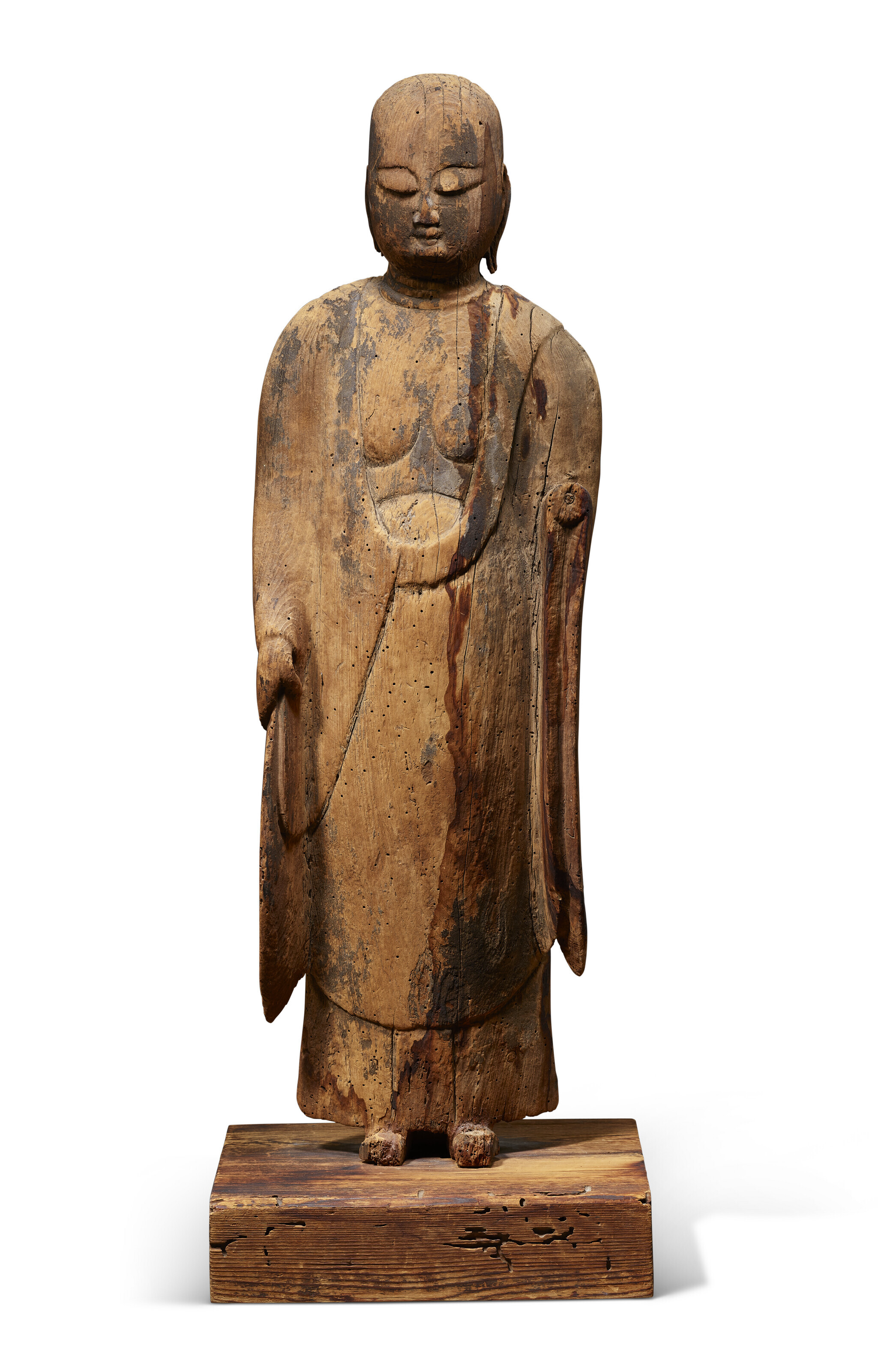 A STANDING WOOD FIGURE OF JIZO BOSATSU (KSITIGARBHA), HEIAN PERIOD
