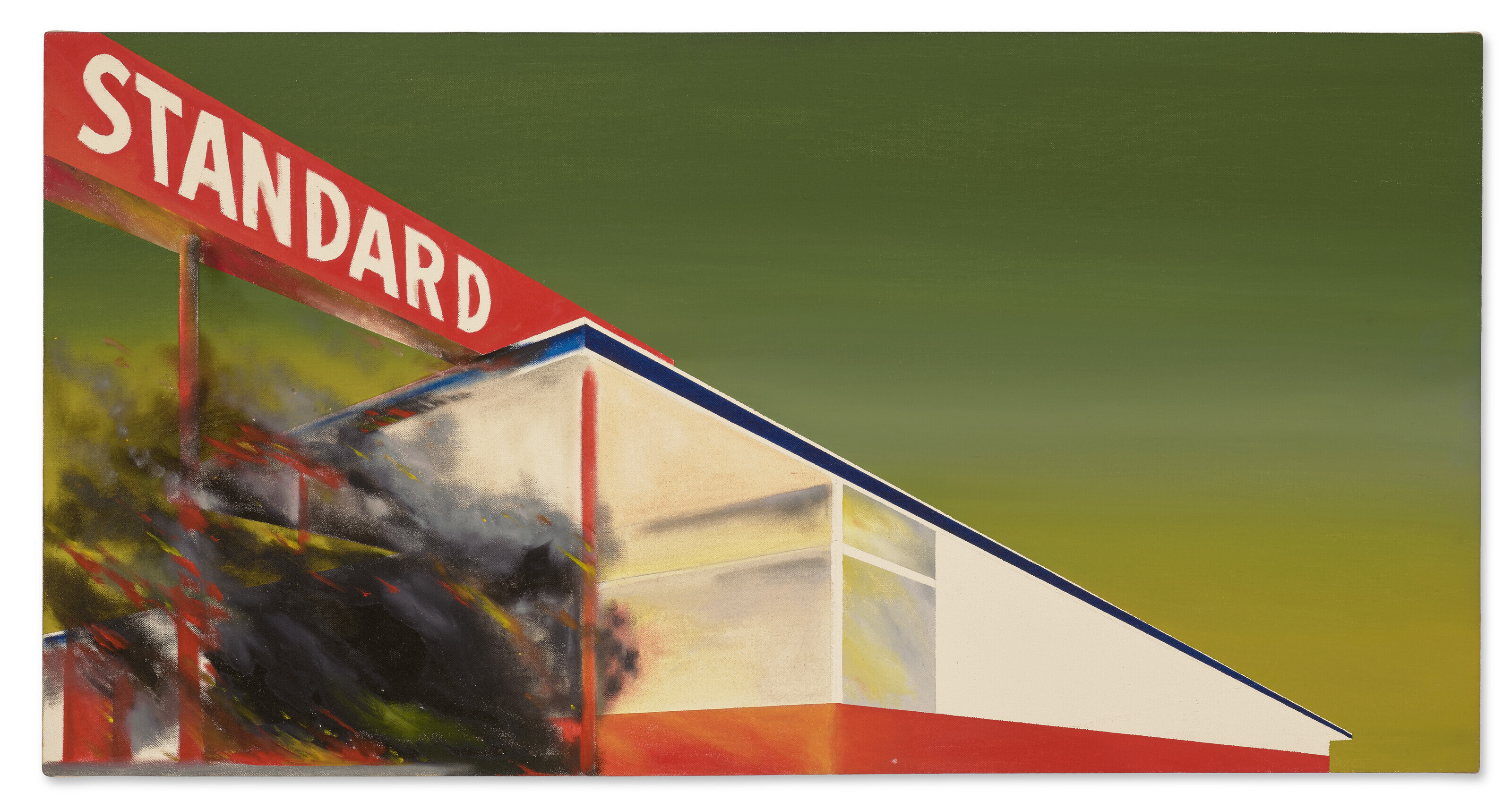Ed Ruscha (b. 1937), Burning Gas Station, 1966-1969. Oil on canvas. 20 ⅛ x 39 in (51.1 x 99.1 cm). Sold for $22,260,000 in 20th Century Evening Sale on 11 May 2023 at Christie's in New York