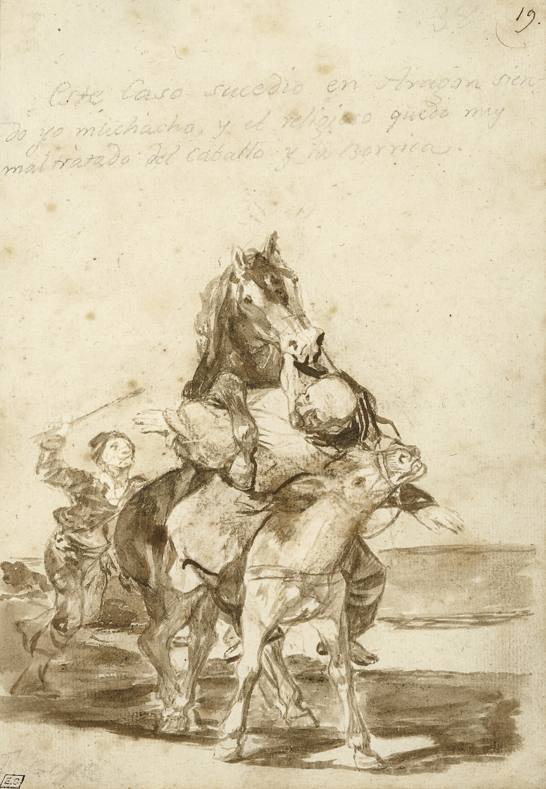 A horse covering a she-donkey, while straddling a monk riding it