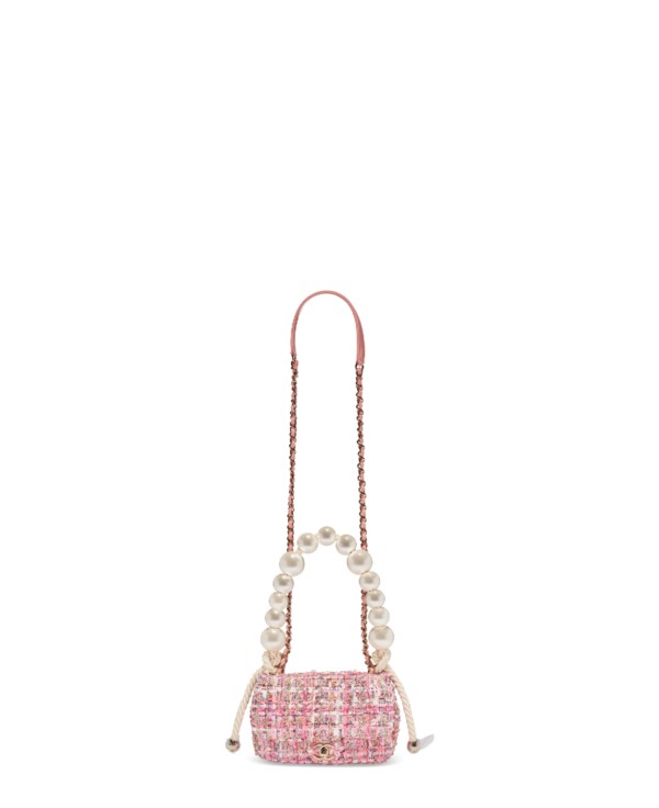 Chanel Small Pink Tweed Flap Bag With Large Pearl Handle Gold