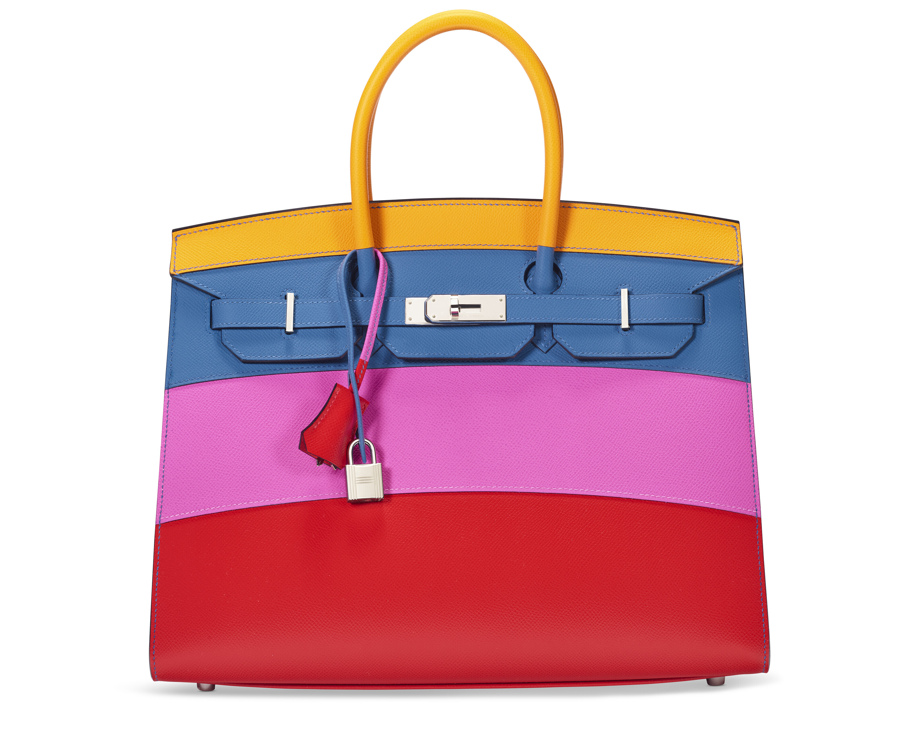 A limited-edition Abricot, Bleu Agate, Magnolia and Rouge Casaque Epsom leather Sunset Rainbow Sellier Birkin 35 with palladium hardware, Hermes, 2021, sold for $20,160 on 12 June 2023 at Christie's Online
