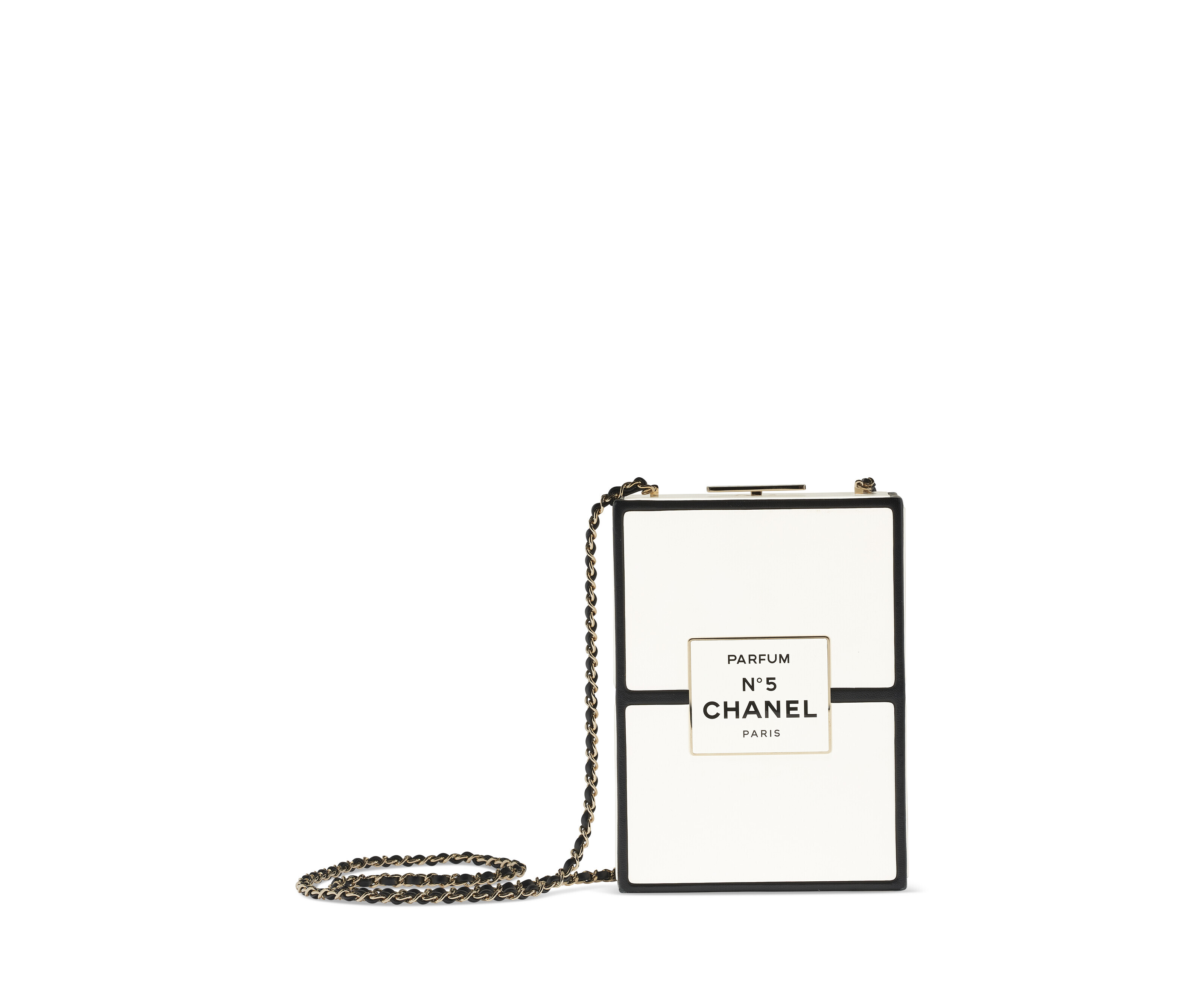 A LIMITED EDITION WHITE & BLACK LEATHER CHANEL NO. 5 PARFUM BOX CLUTCH