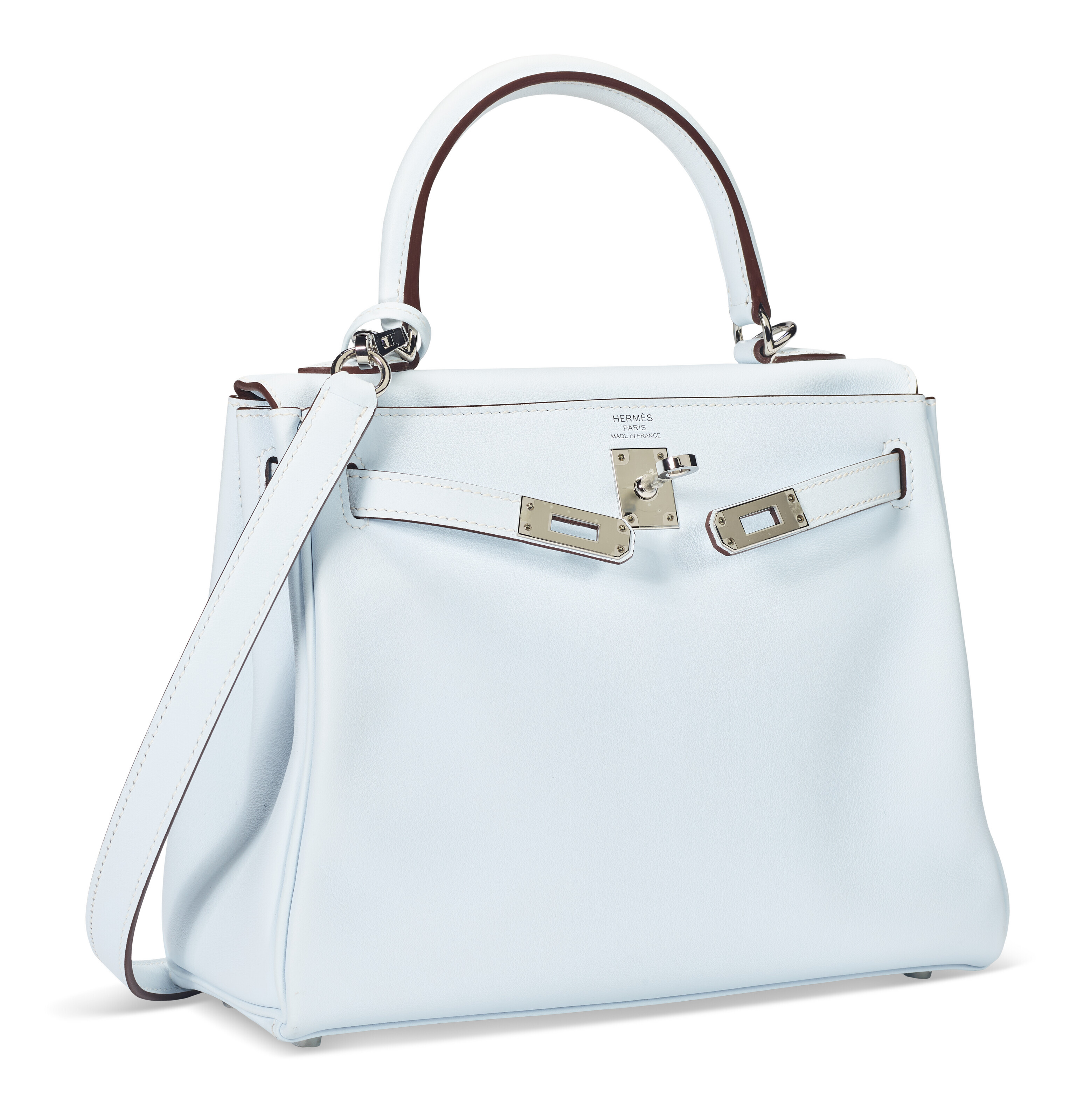 A BLEU BRUME SWIFT LEATHER KELLY 25 WITH PALLADIUM HARDWARE