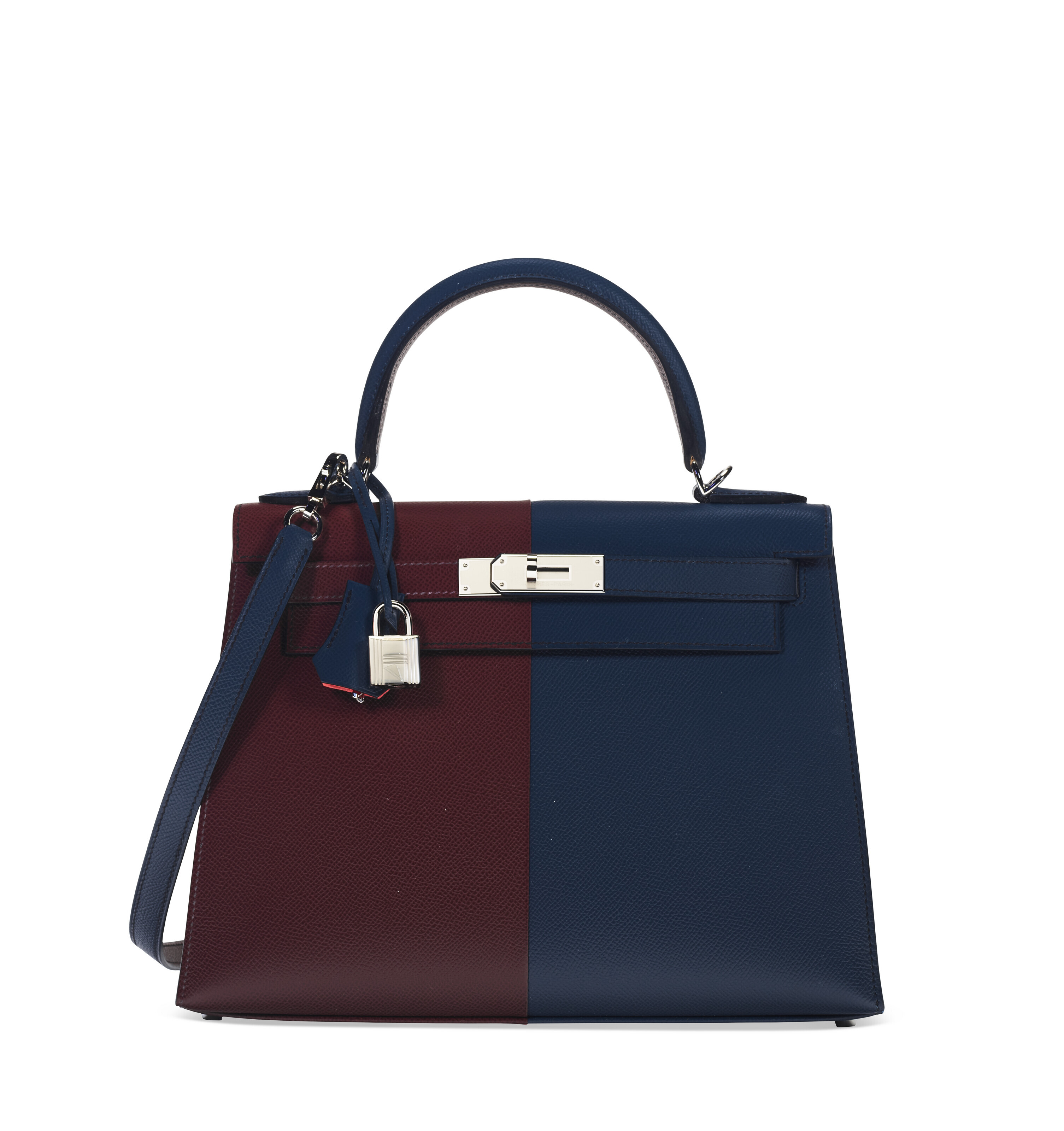 A limited-edition rouge sellier, bleu indigo and rose Texas Epsom leather Casaque Kelly 28 with palladium hardware, Hermes, 2022, sold for $20,160 on 12 June 2023 at Christie's online