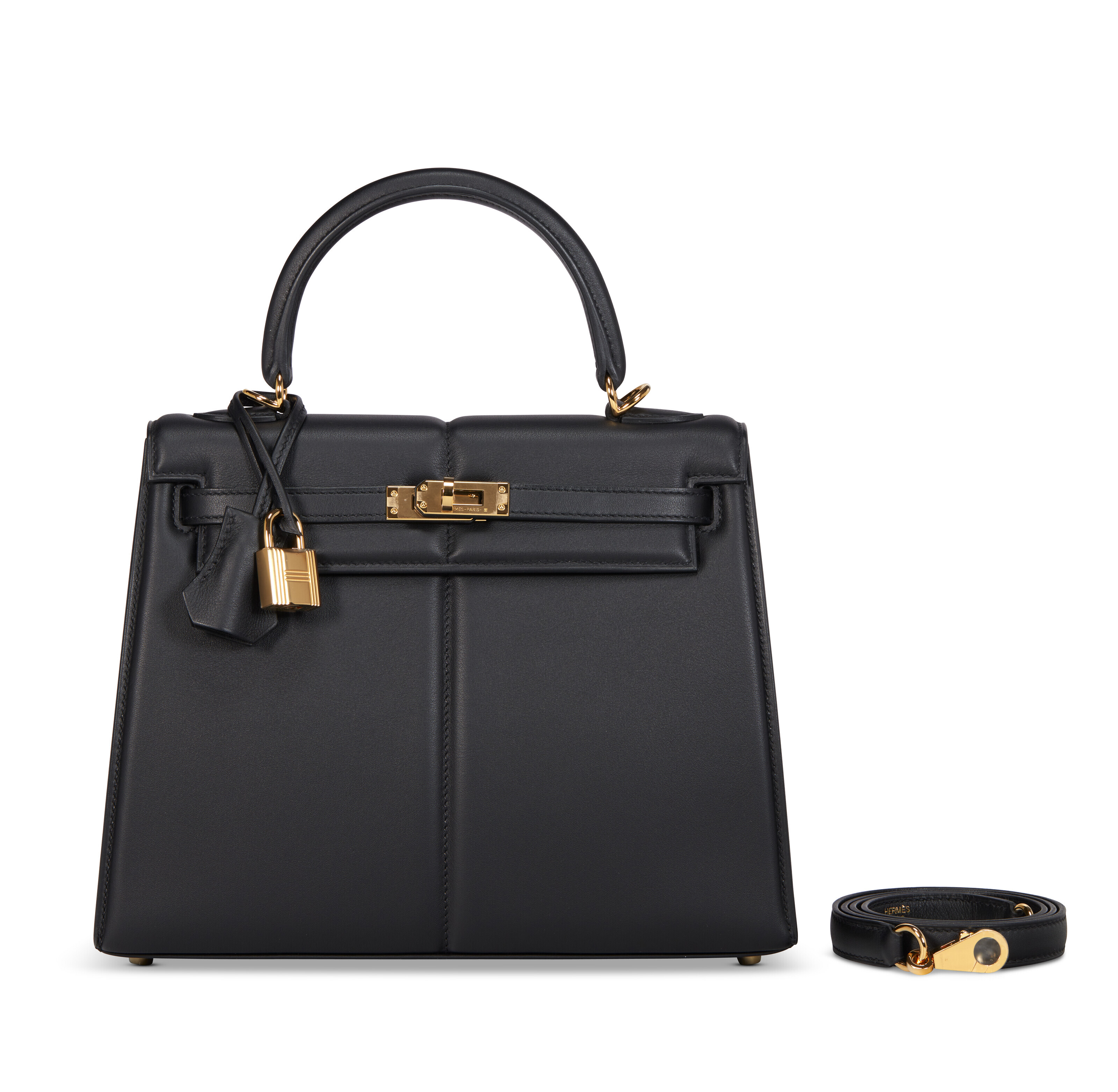 A limited-edition black swift leather padded Sellier Kelly 25 with gold hardware from the collection of Rebag, Herm&egrave;s, 2022. Sold for $22,680 in&nbsp;Handbags Online: The New York Edit on 12 June 2023 at Christie&rsquo;s online