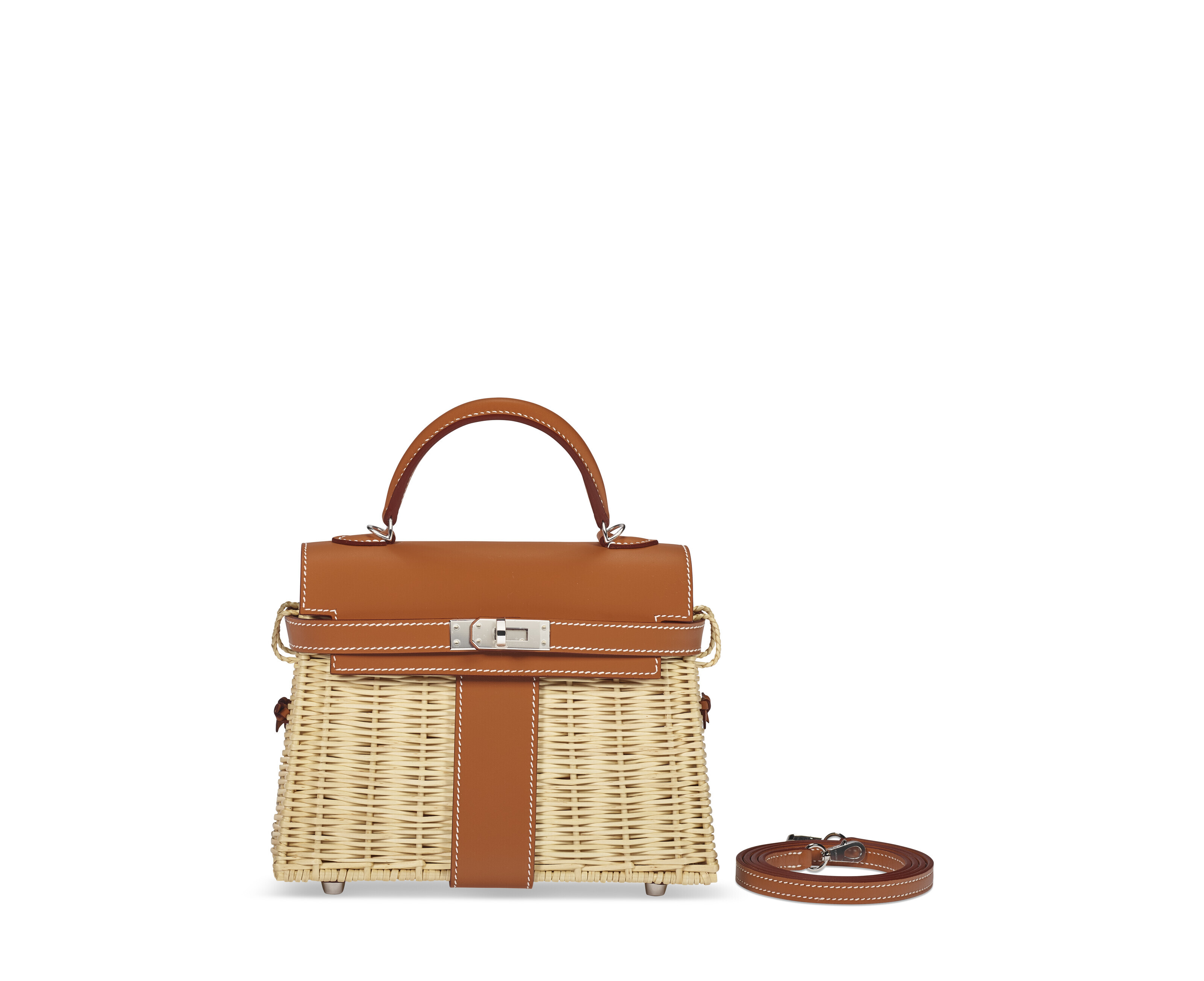A LIMITED EDITION NATUREL BARÉNIA LEATHER & OSIER MINI PICNIC KELLY 20 WITH PALLADIUM HARDWARE