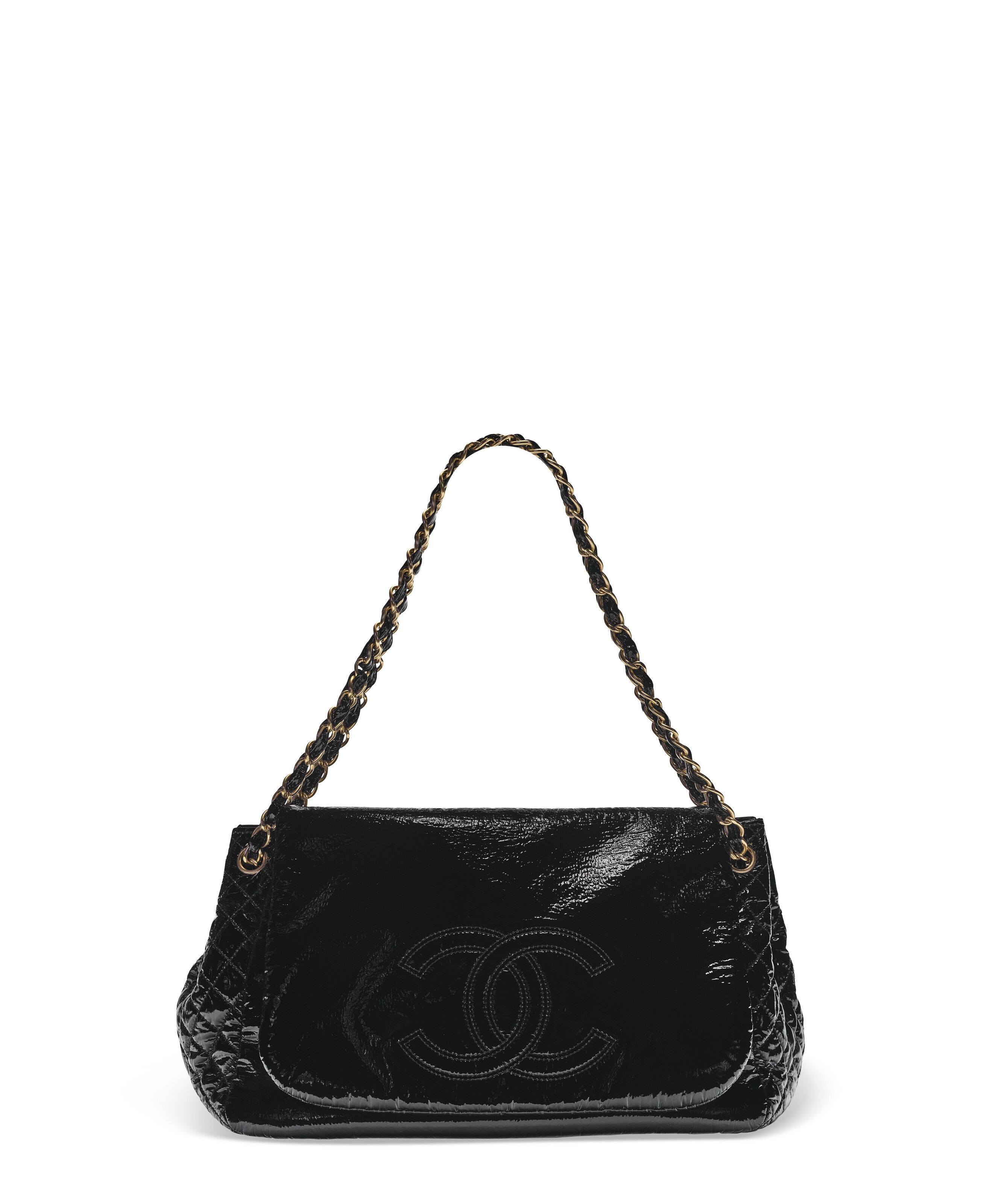 A BLACK VINYL ROCK AND CHAIN ACCORDION FLAP BAG WITH BRUSHED GOLD