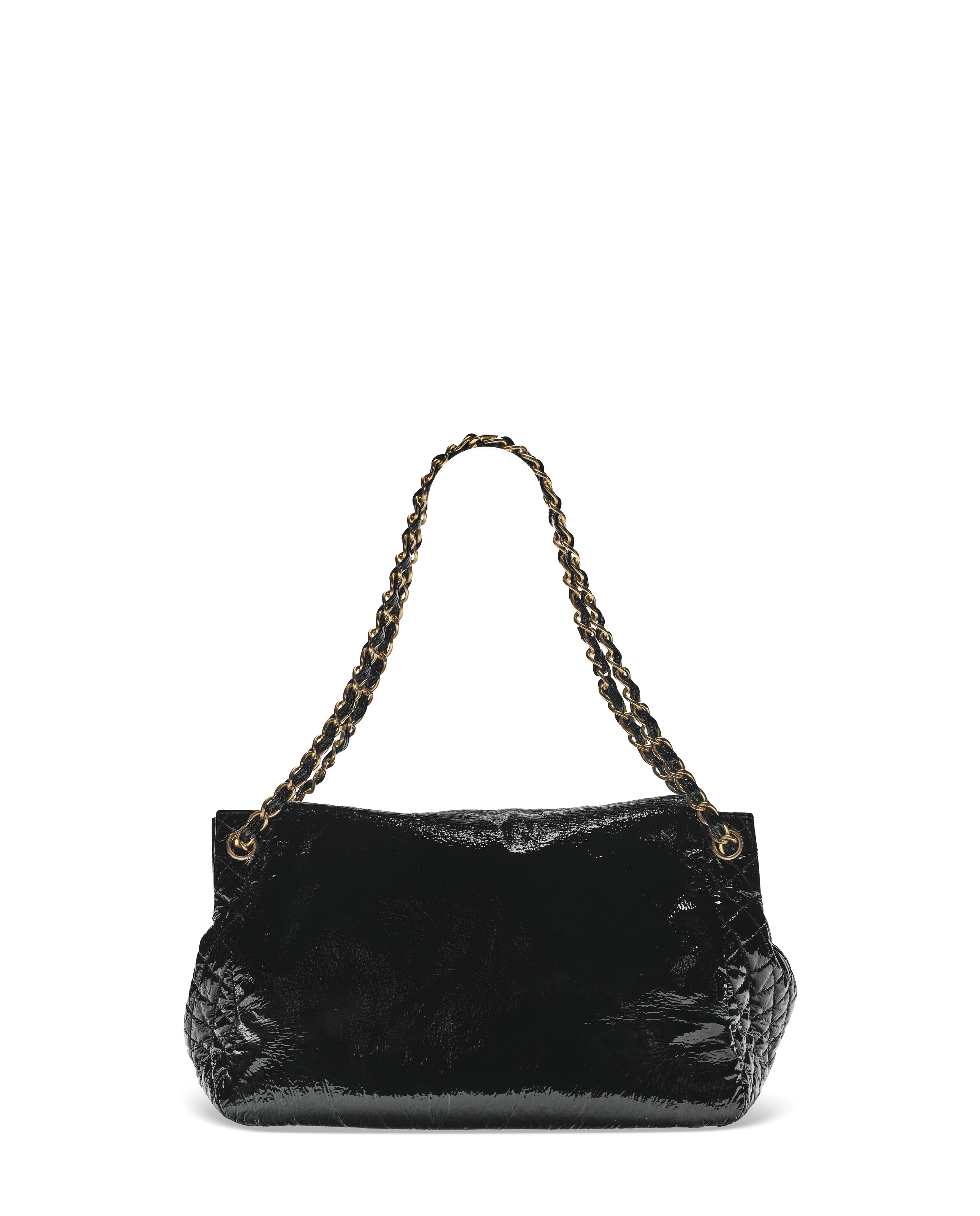 A BLACK VINYL ROCK AND CHAIN ACCORDION FLAP BAG WITH BRUSHED GOLD