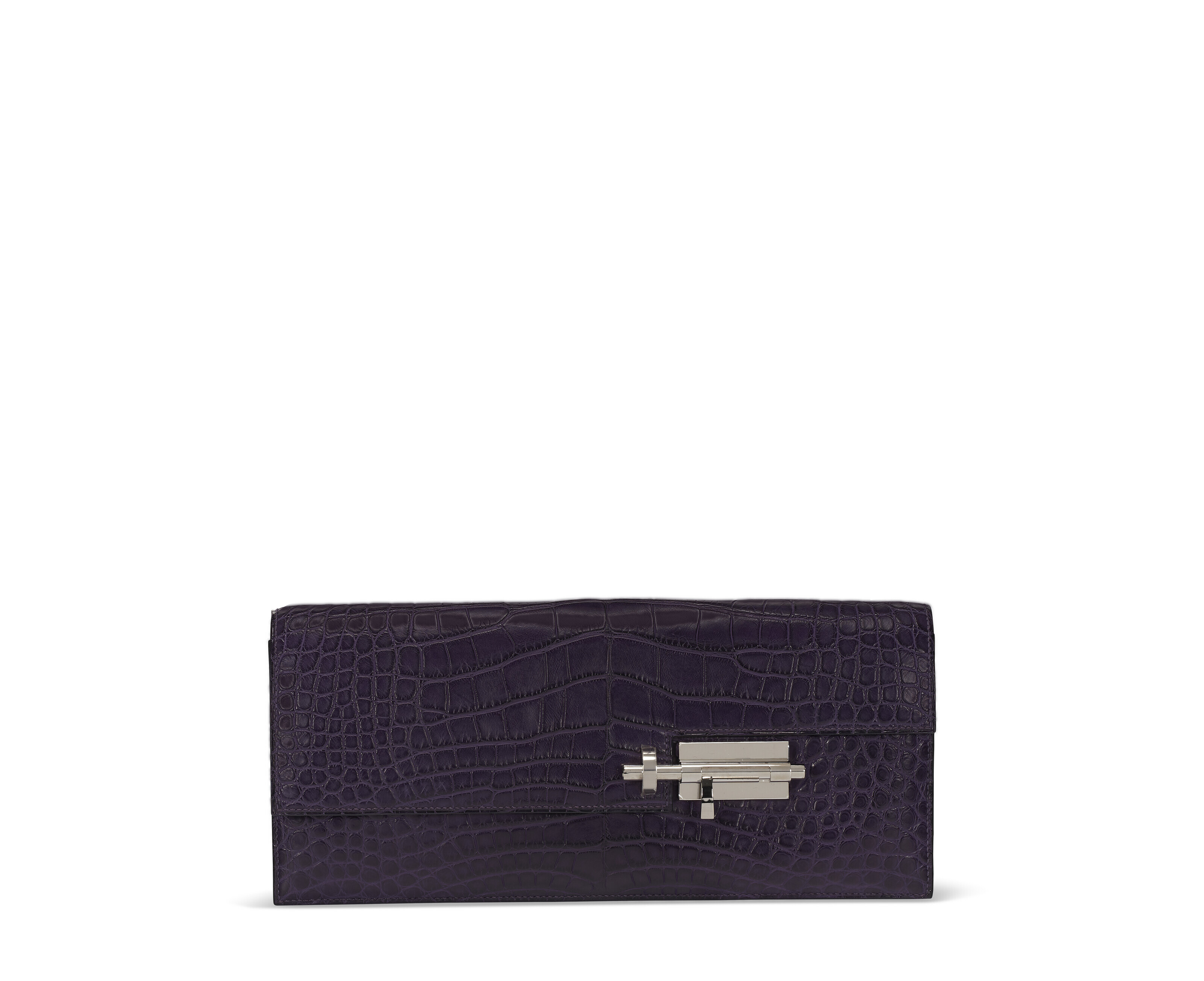 A MATTE AMETHYSTE ALLIGATOR VERROU ELAN CLUTCH WITH PALLADIUM HARDWARE