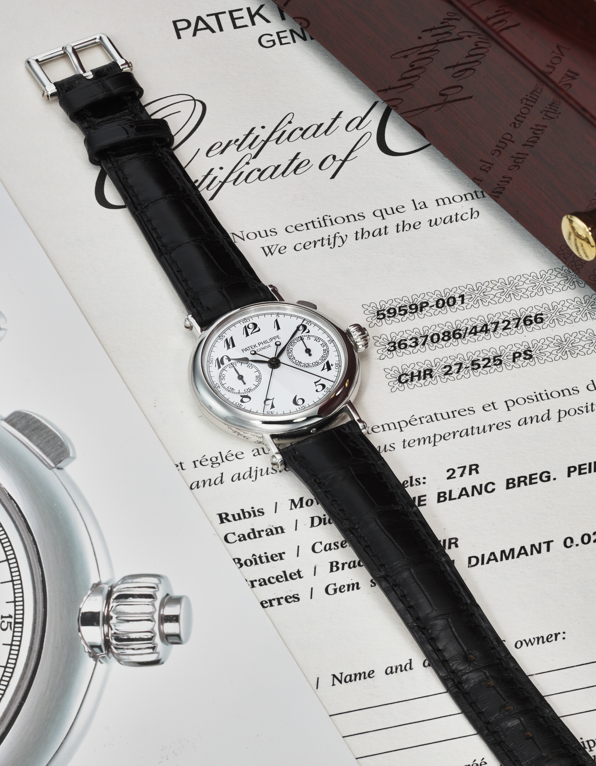 PATEK PHILIPPE. AN EXCEPTIONALLY RARE PLATINUM SPLIT SECONDS CHRONOGRAPH WRISTWATCH WITH BREGUET NUMERALS SIGNED PATEK PHILIPPE GENEVE REF. 5959P 001 MOVEMENT NO. 3 637 086 CASE NO. 4 472 766 CIRCA 20...