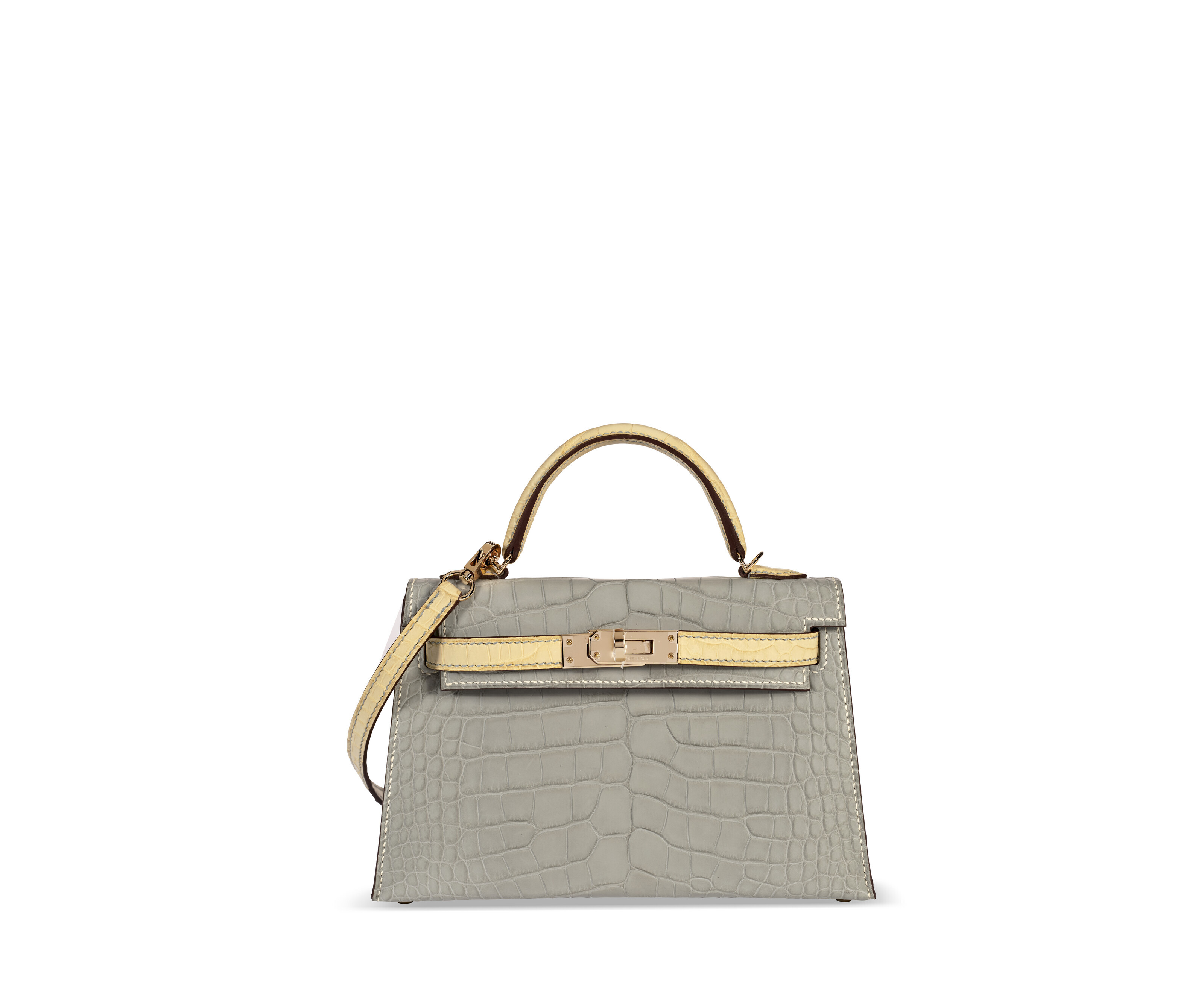 A CUSTOM MATTE GRIS PERLE & VANILLE ALLIGATOR MINI KELLY 20 II