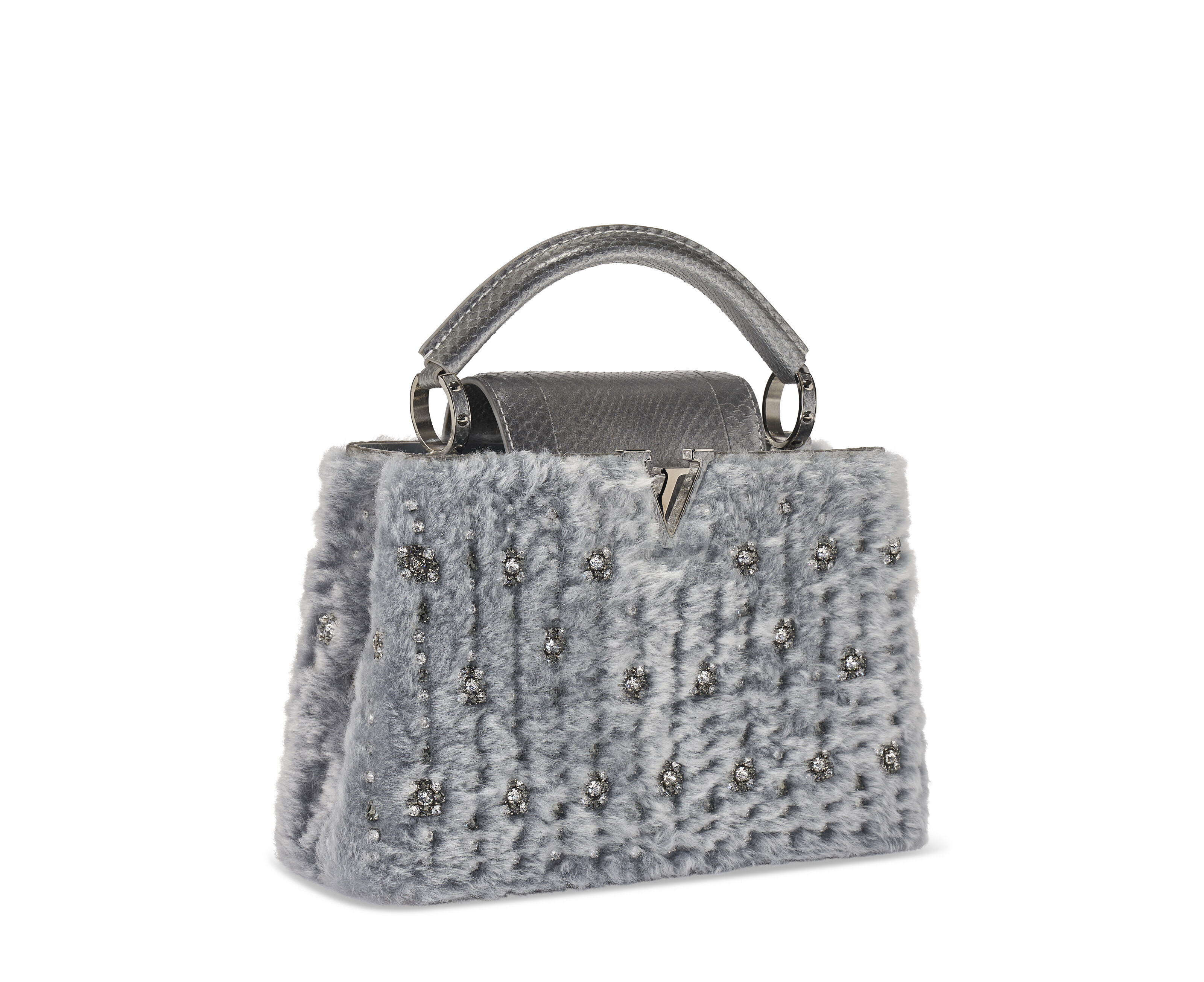 A METALLIC SILVER AYERS SNAKESKIN & GREY CRYSTAL EMBELLISHED