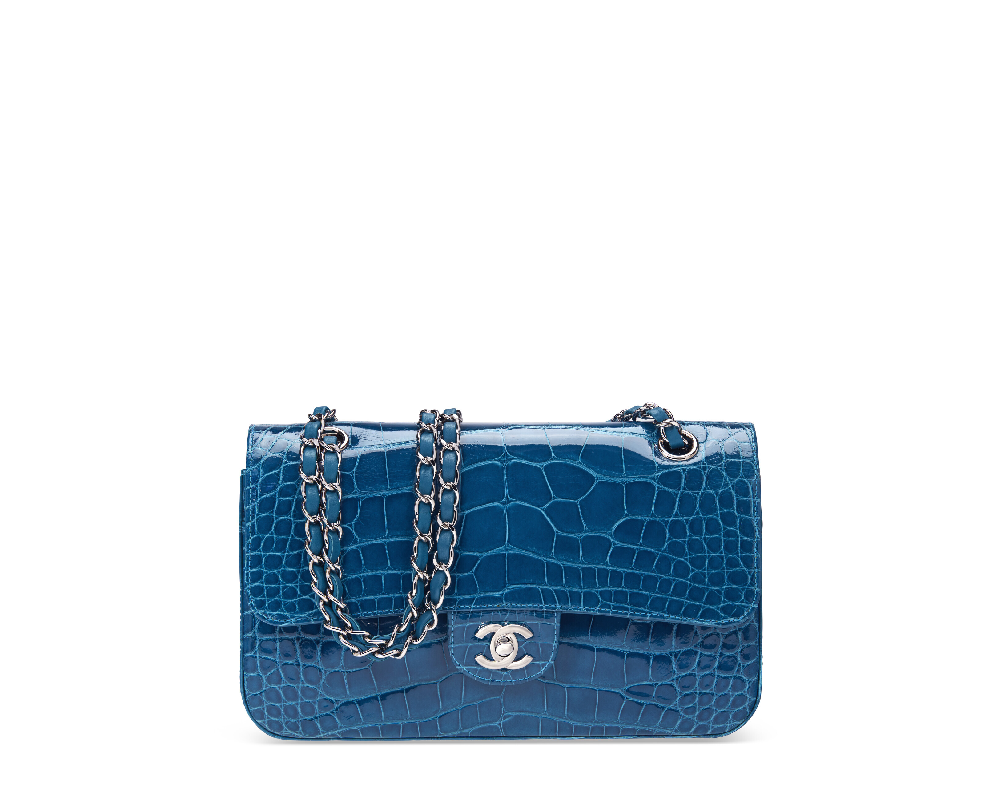 A SHINY TEAL ALLIGATOR MEDIUM CLASSIC DOUBLE FLAP BAG WITH SILVER