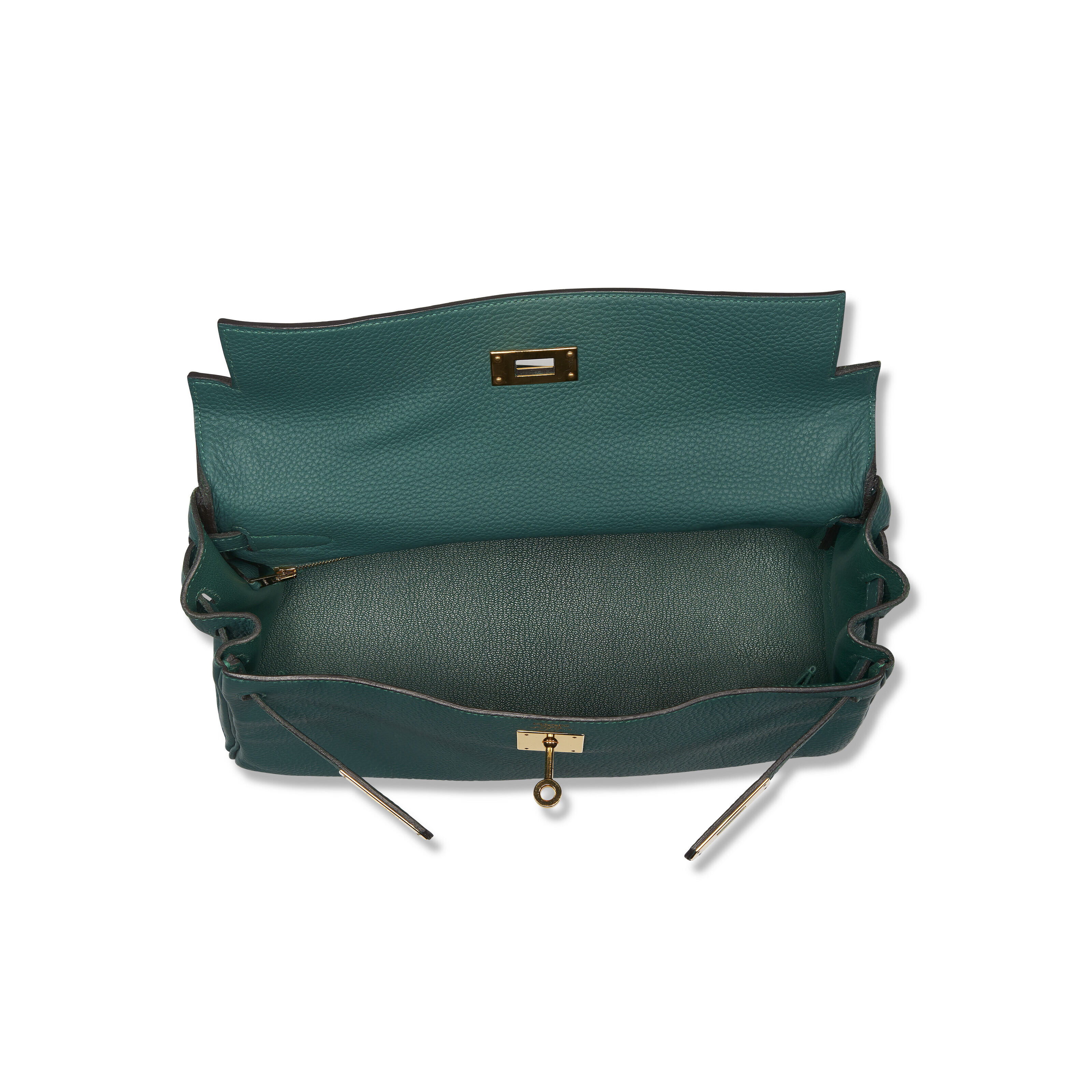 A MALACHITE CLÉMENCE LEATHER RETOURNÉ KELLY 32 WITH GOLD HARDWARE