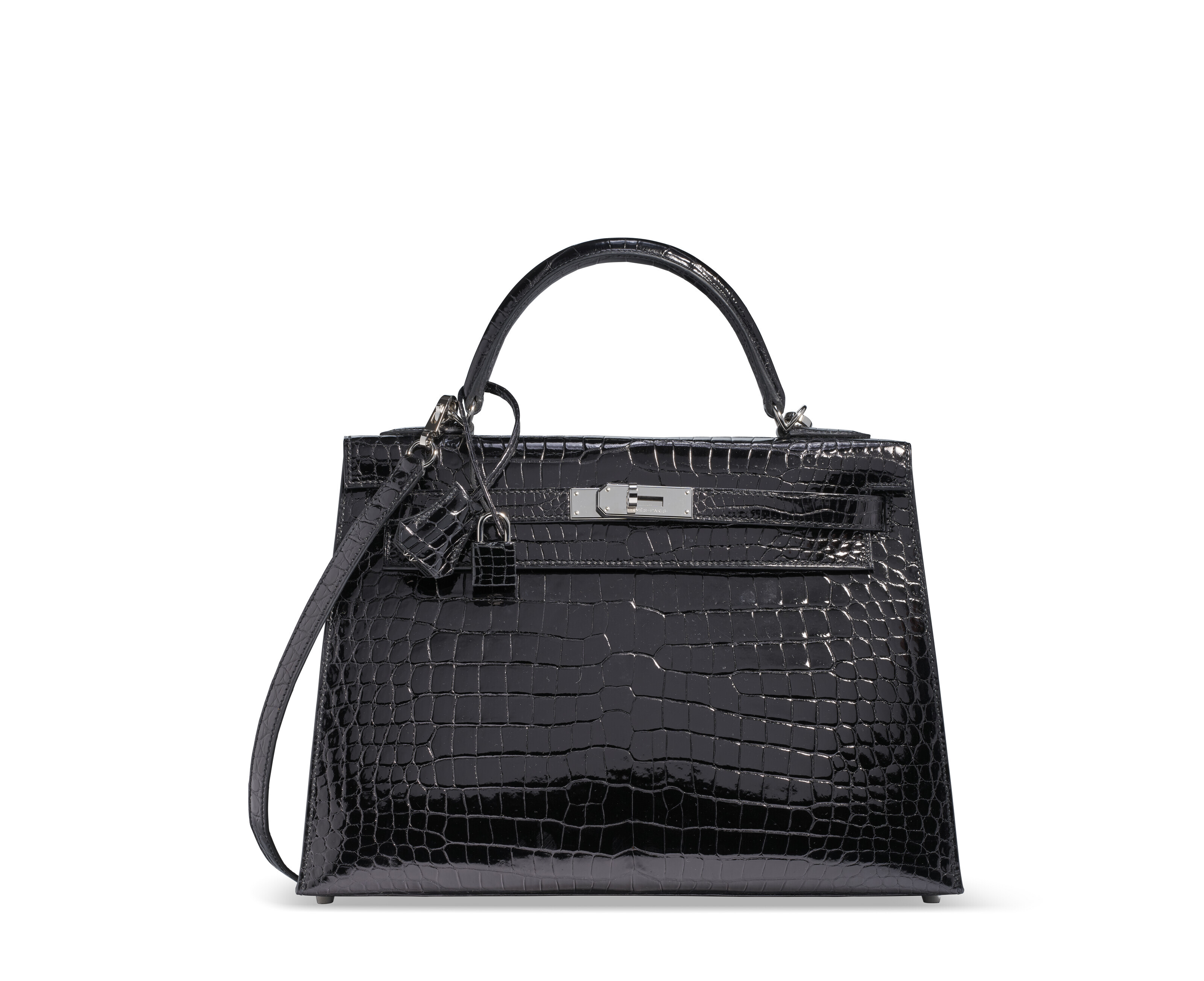 A SHINY BLACK POROSUS CROCODILE KELLY 32 WITH PALLADIUM HARDWARE