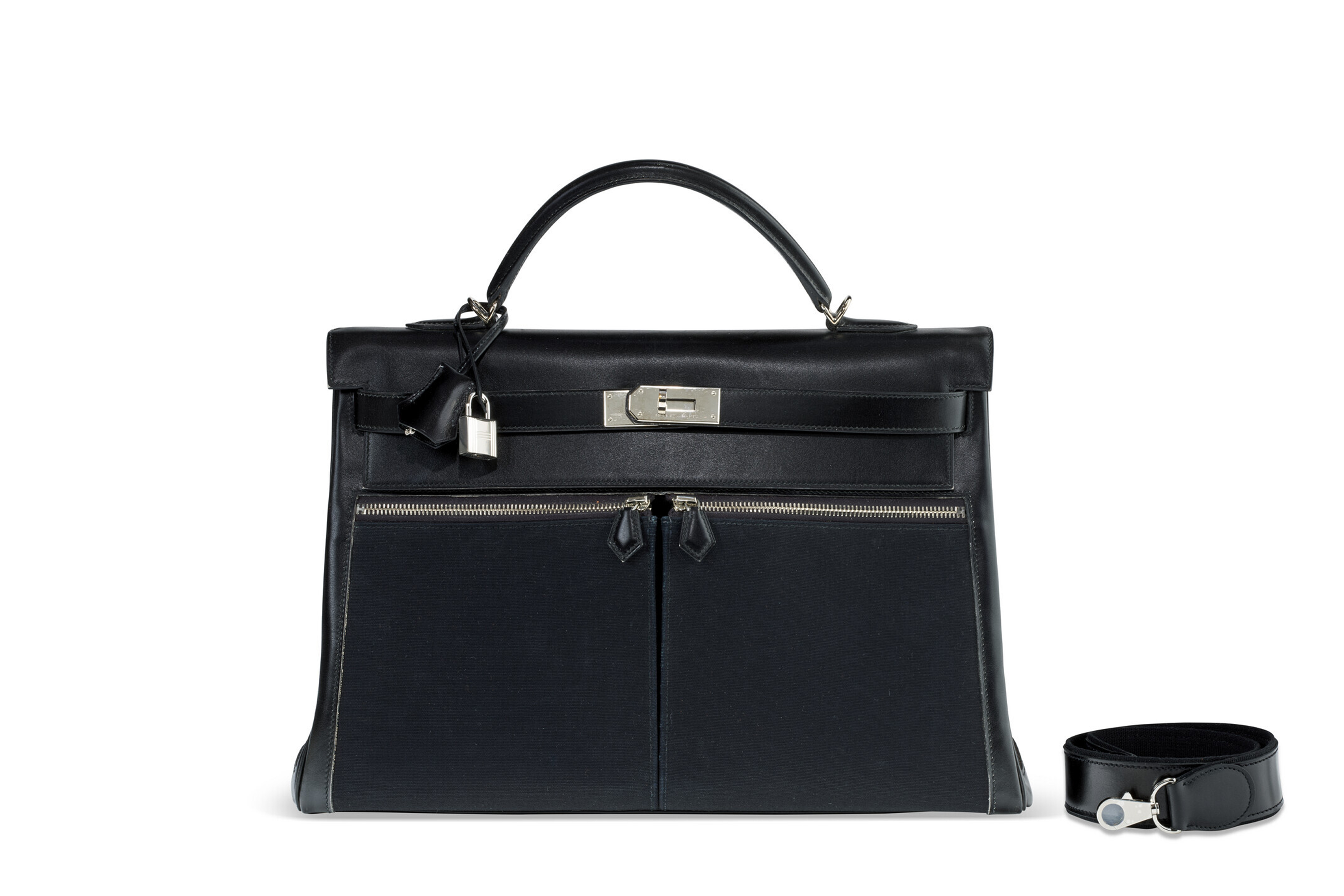 A LIMITED EDITION BLACK CALF BOX LEATHER & TOILE OFFICIER KELLY LAKIS