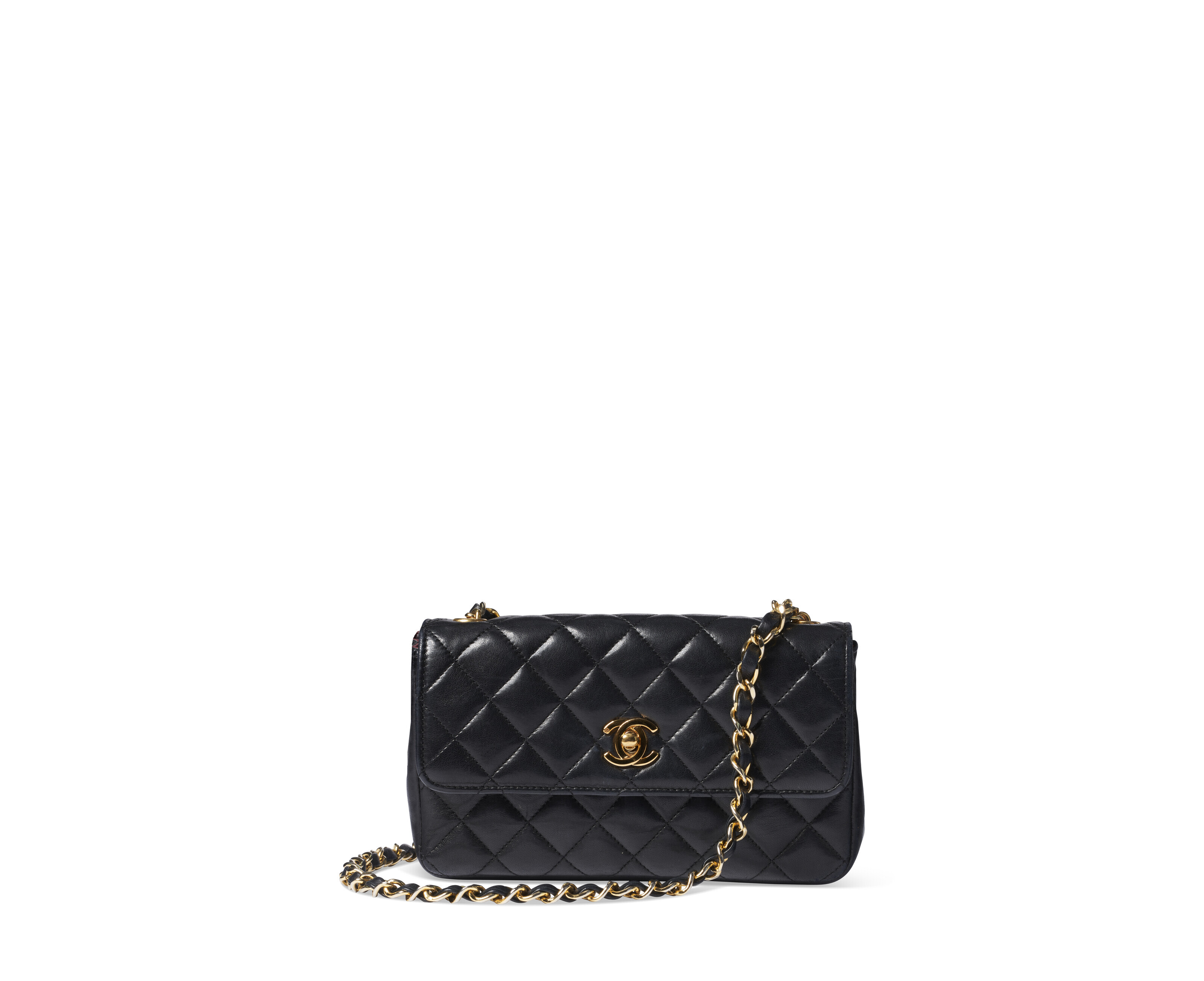 A BLACK LAMBSKIN LEATHER MINI SINGLE FLAP BAG WITH 24K GOLD-PLATED