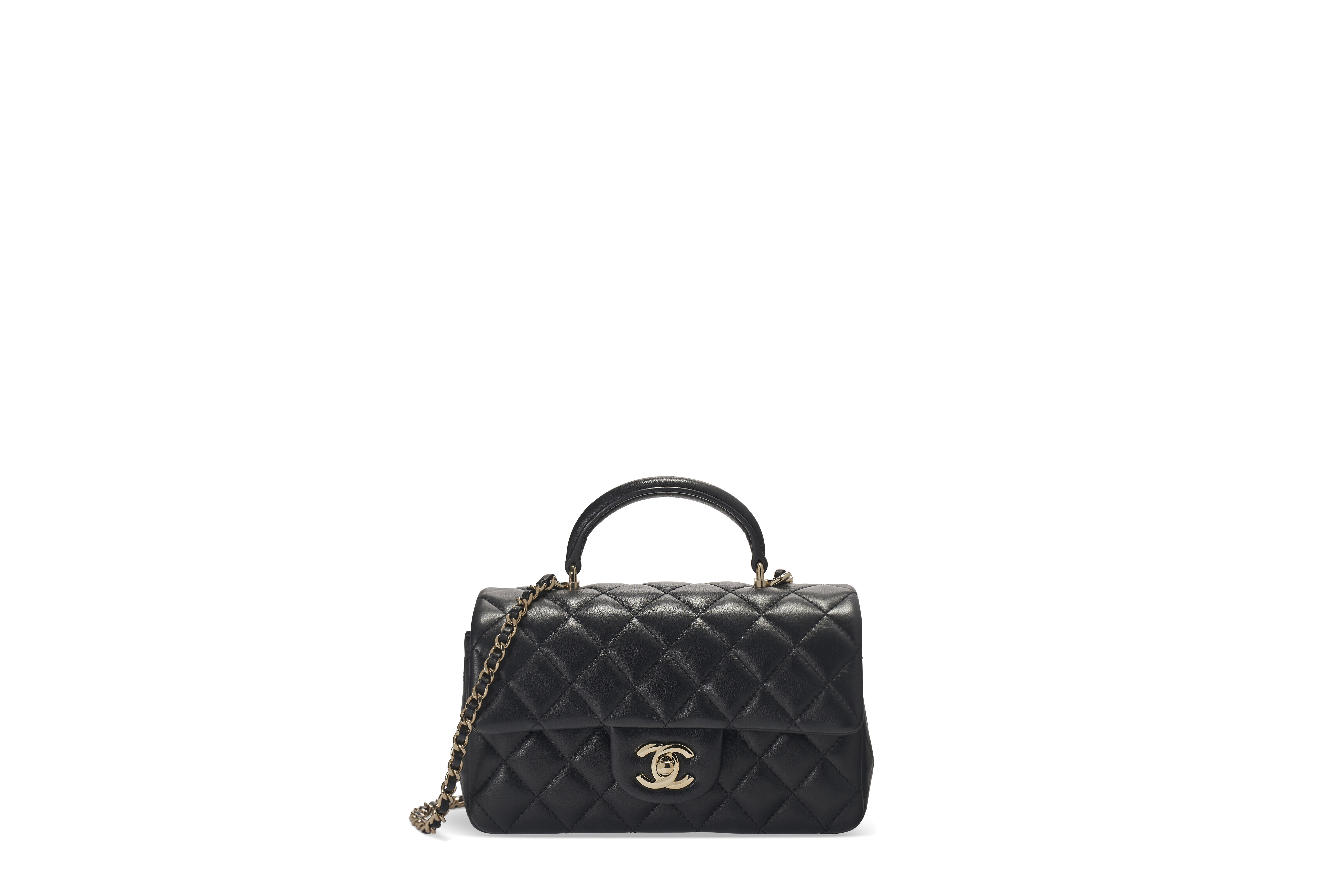 A BLACK LAMBSKIN LEATHER QUILTED MINI TOP HANDLE FLAP BAG WITH GOLD ...