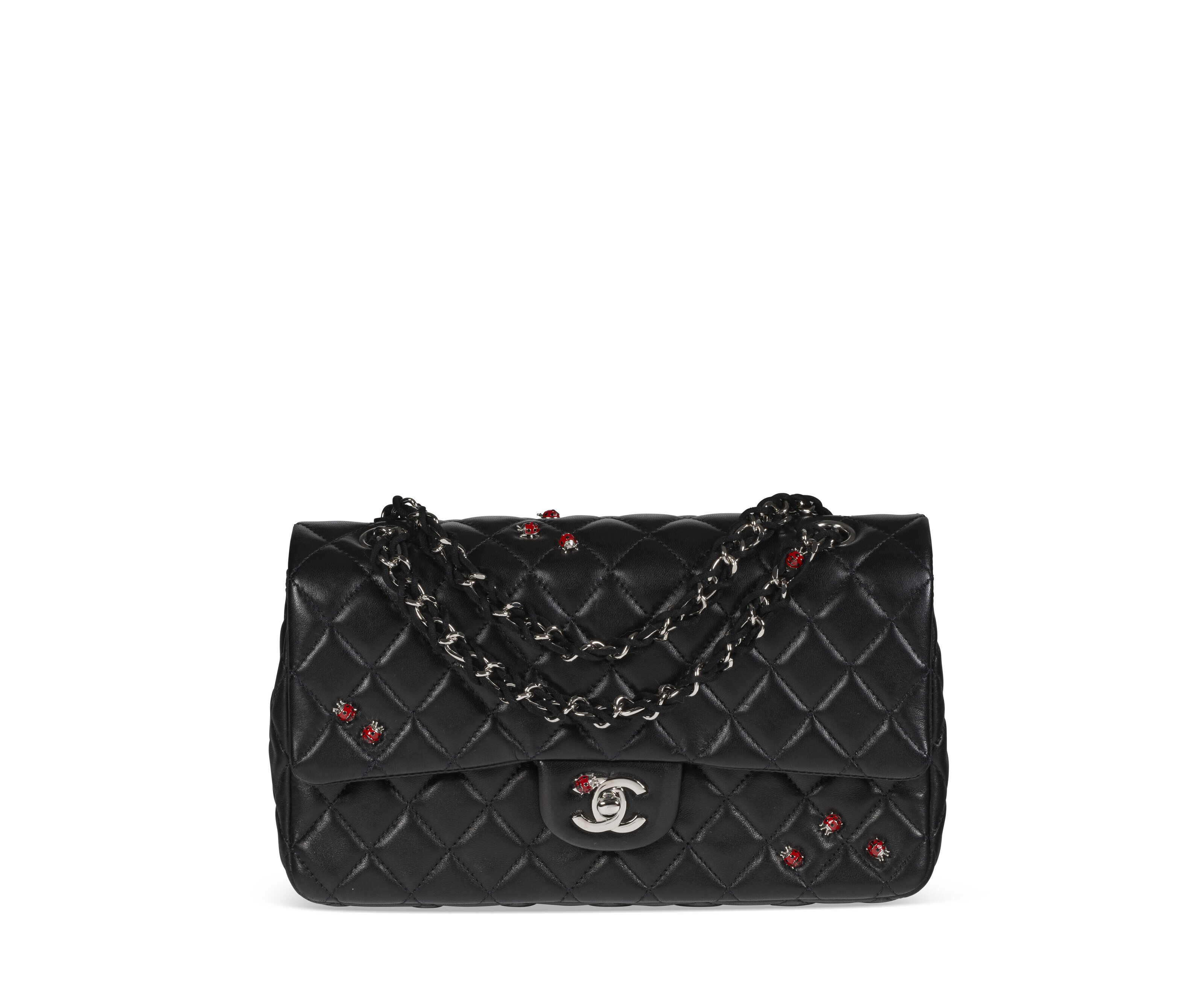 A BLACK QUILTED LAMBSKIN LEATHER LADYBUG MEDIUM CLASSIC FLAP BAG
