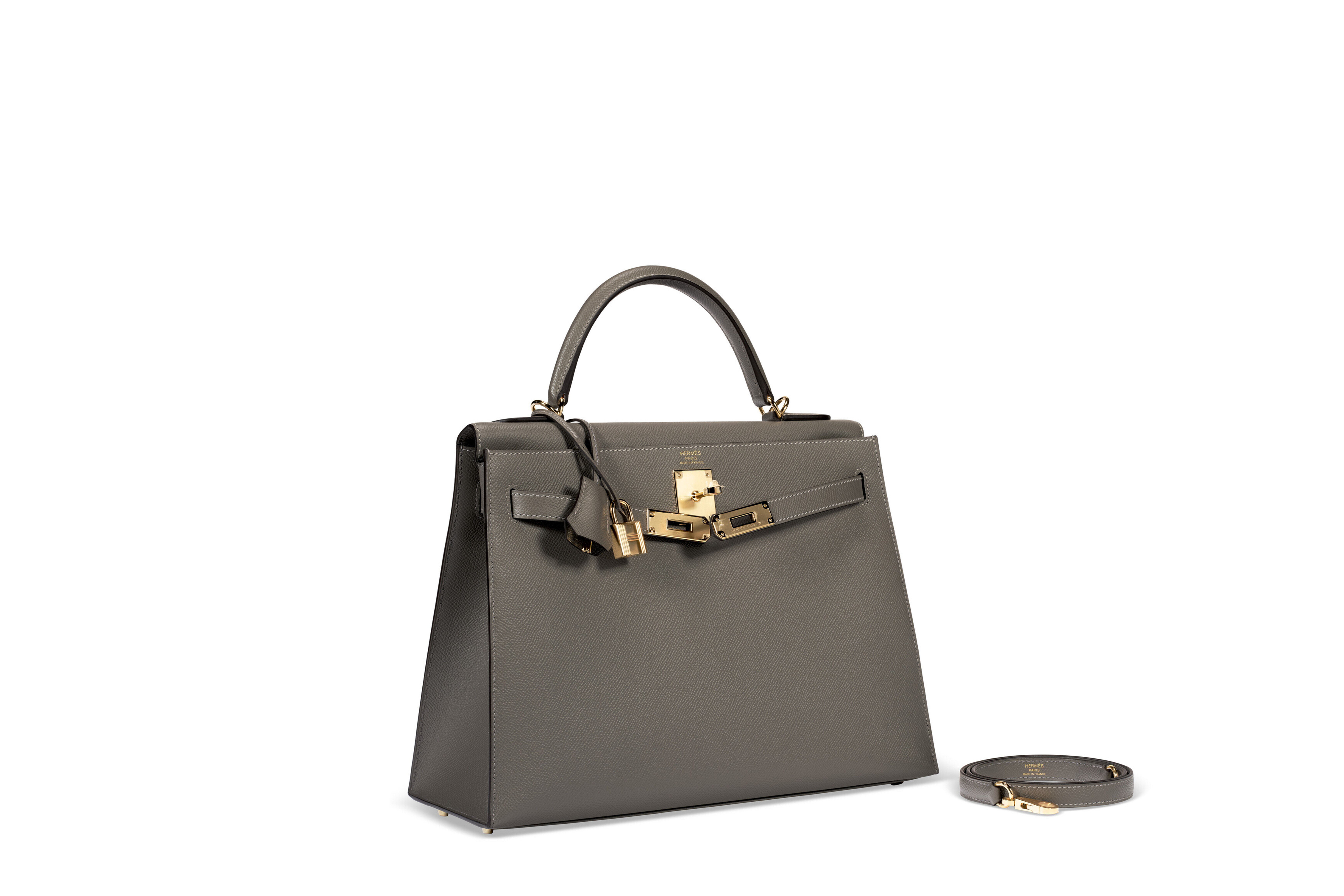 A GRIS MEYER EPSOM LEATHER SELLIER KELLY 32 WITH GOLD HARDWARE