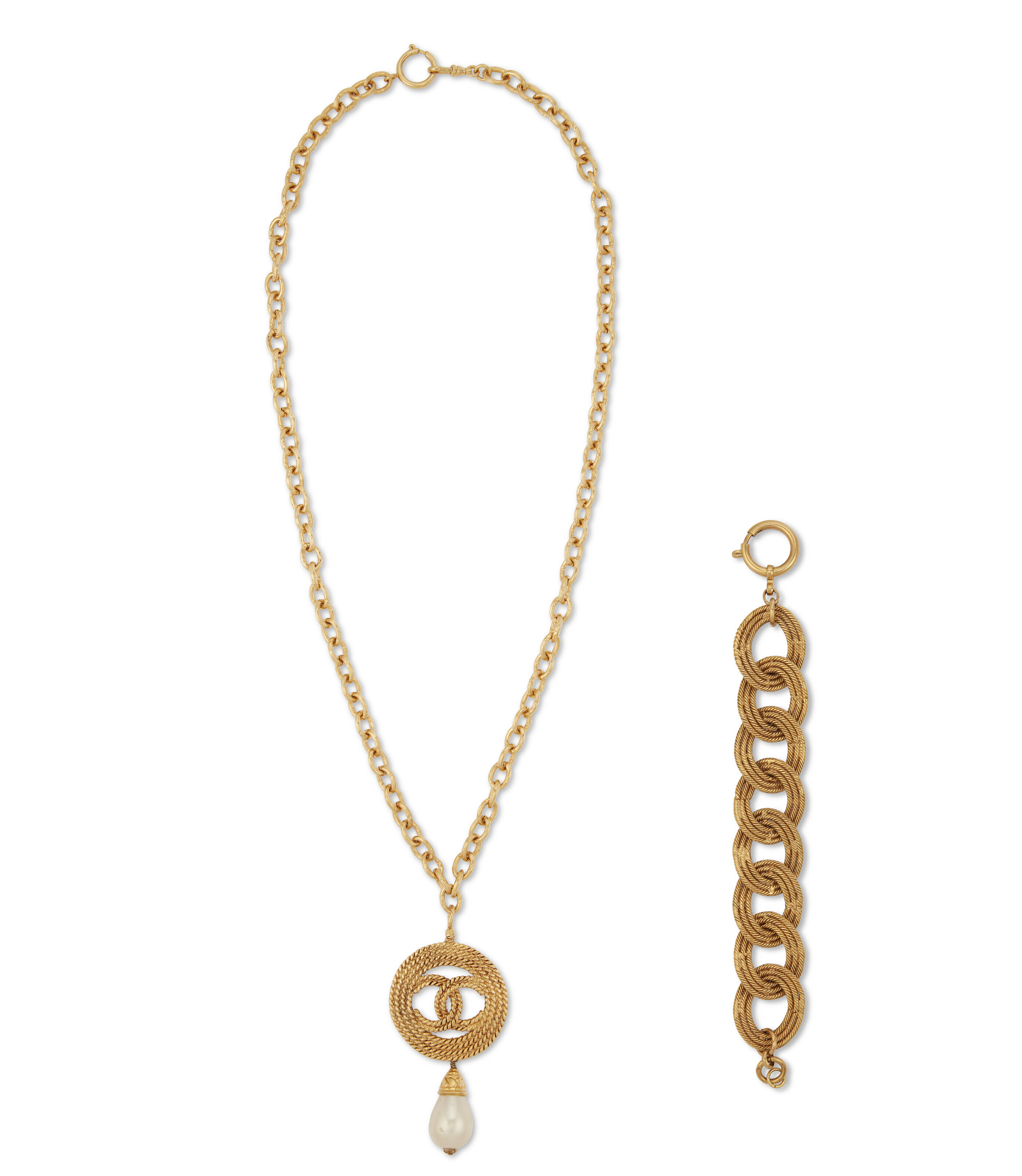 A SET OF TWO: A GOLD-PLATED METAL ROPEWORK CC NECKLACE WITH REMOVEABLE ...