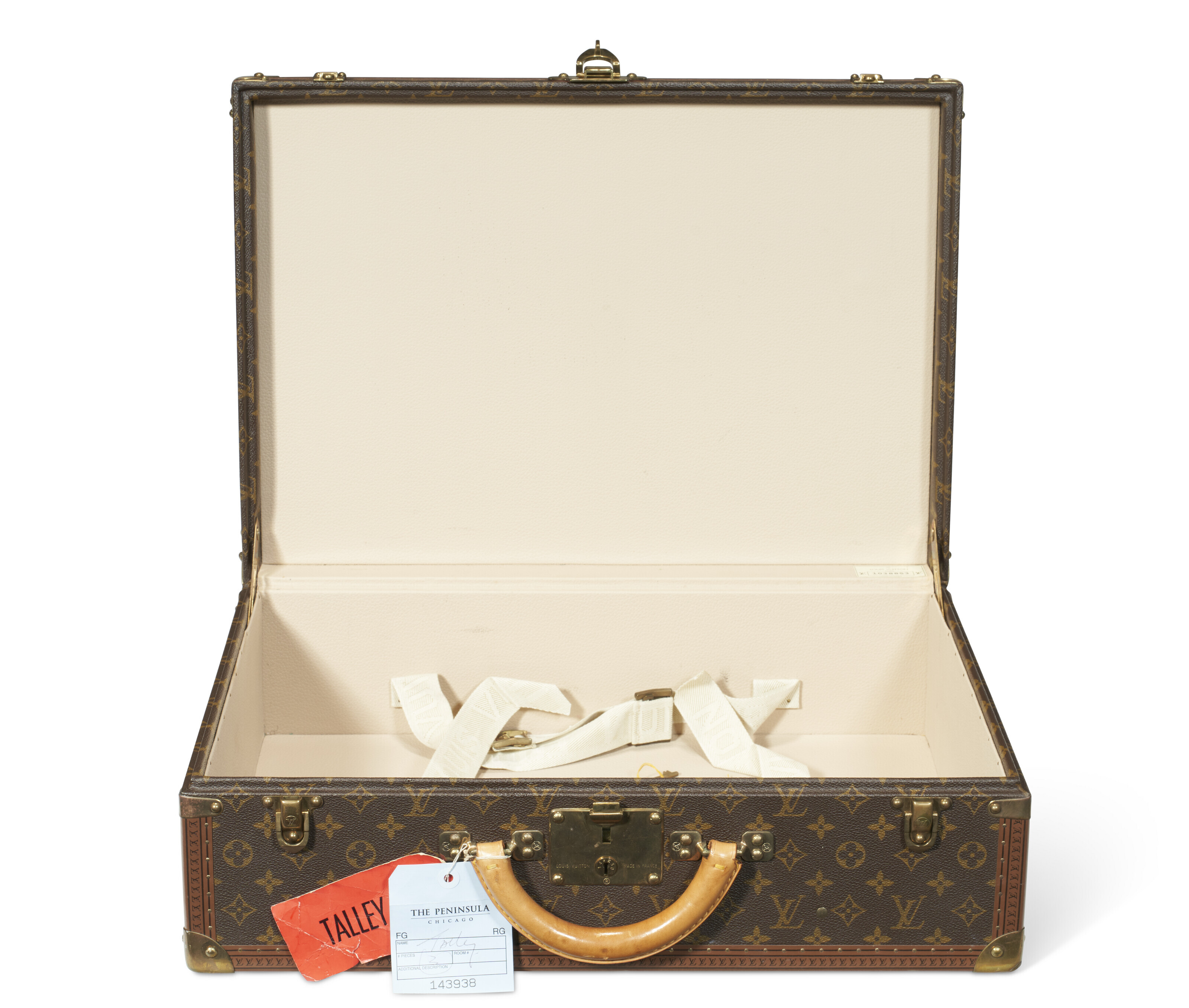 A PAIR OF PERSONALIZED BROWN MONOGRAM CANVAS HARDSIDED SUITCASES