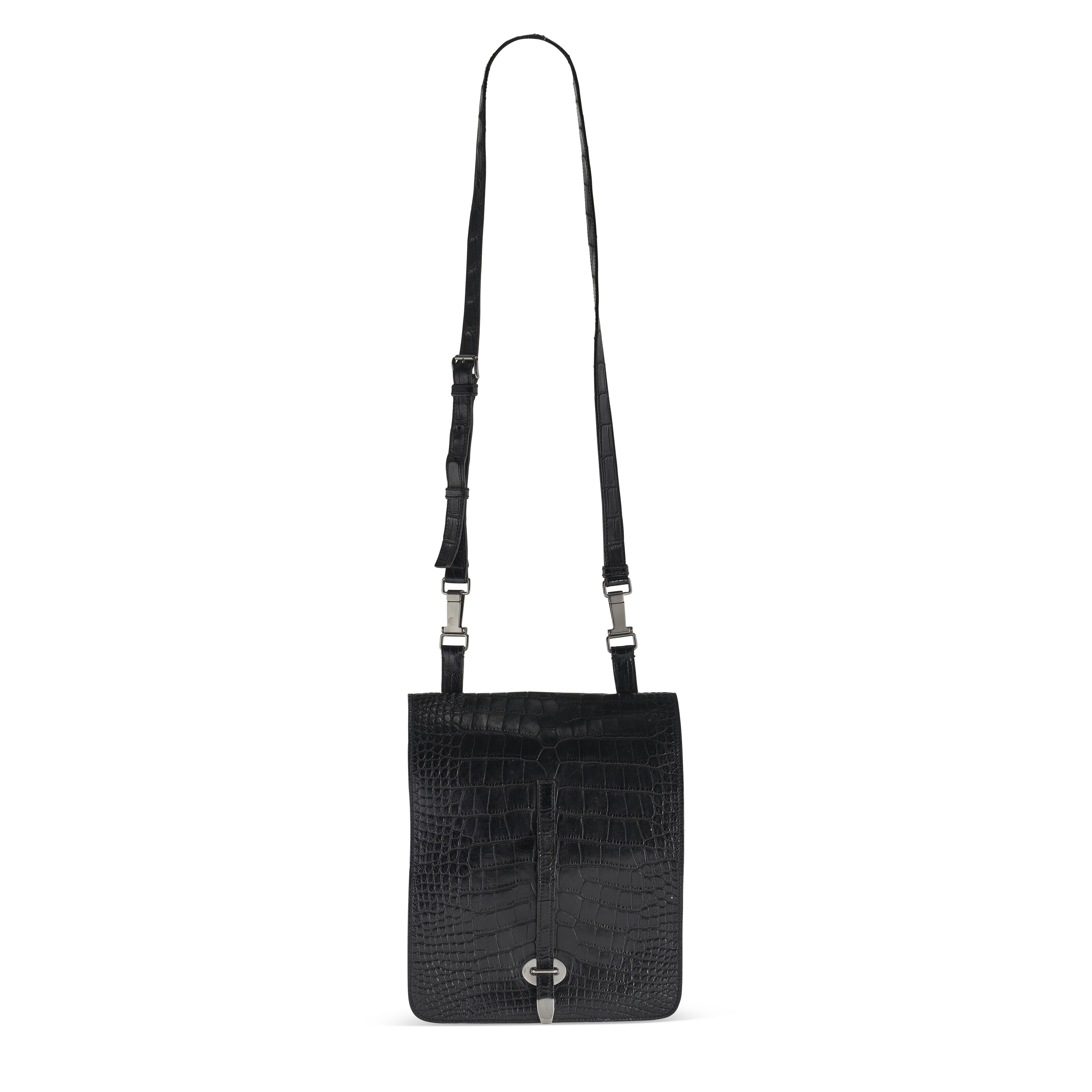 A MATTE BLACK ALLIGATOR CROSSBODY BAG WITH SILVER HARDWARE, PRADA ...