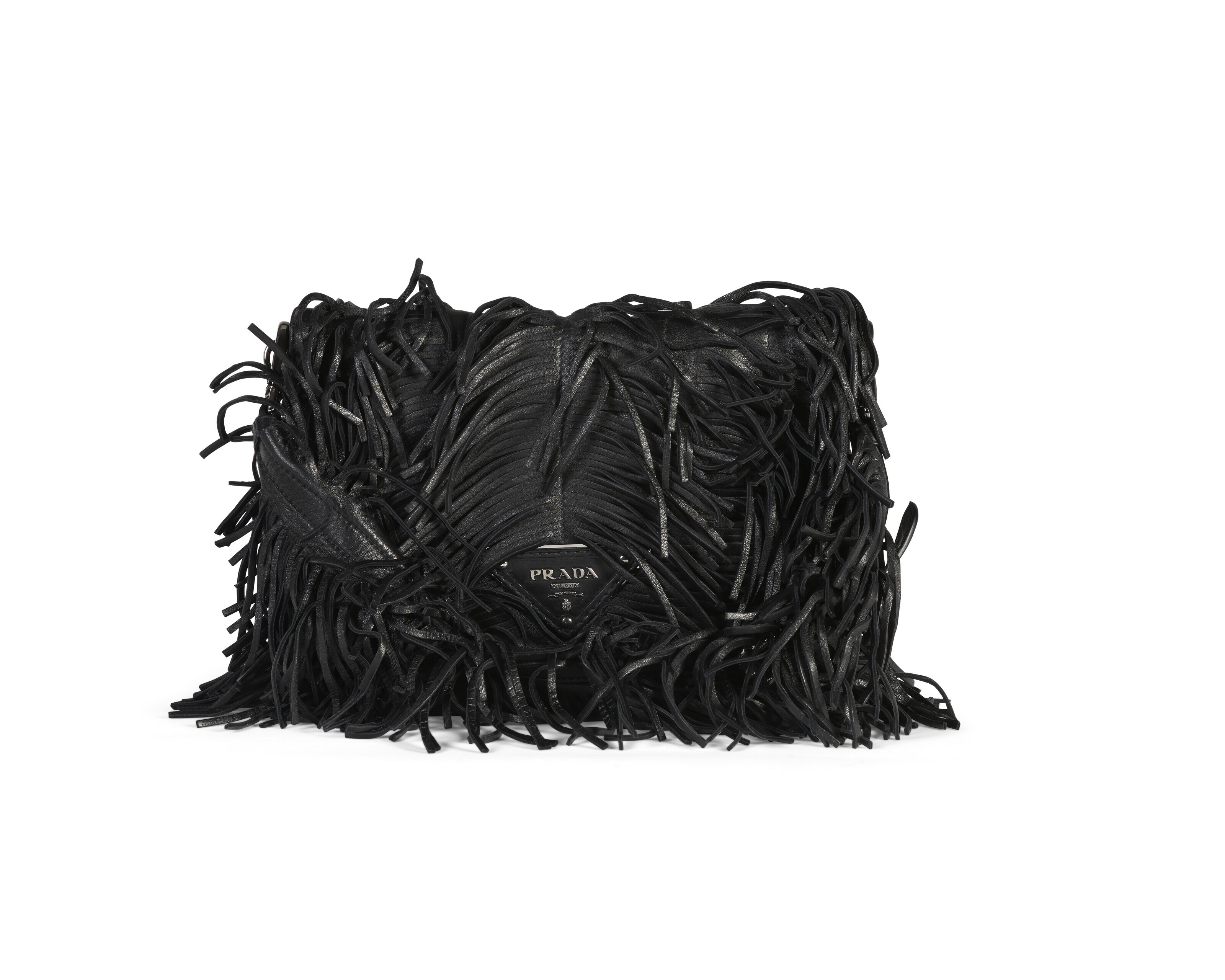A BLACK LEATHER FRINGE SHOULDER BAG WITH SILVER HARDWARE, PRADA