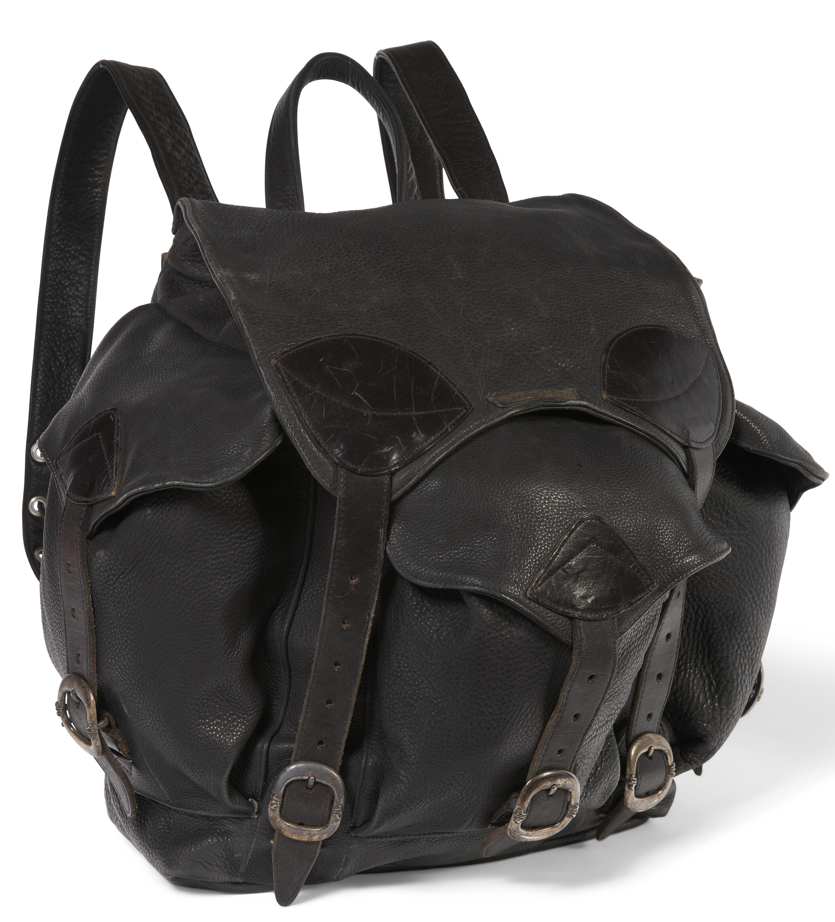 A BLACK LEATHER BACKPACK WITH SILVER HARDWARE CHROME HEARTS