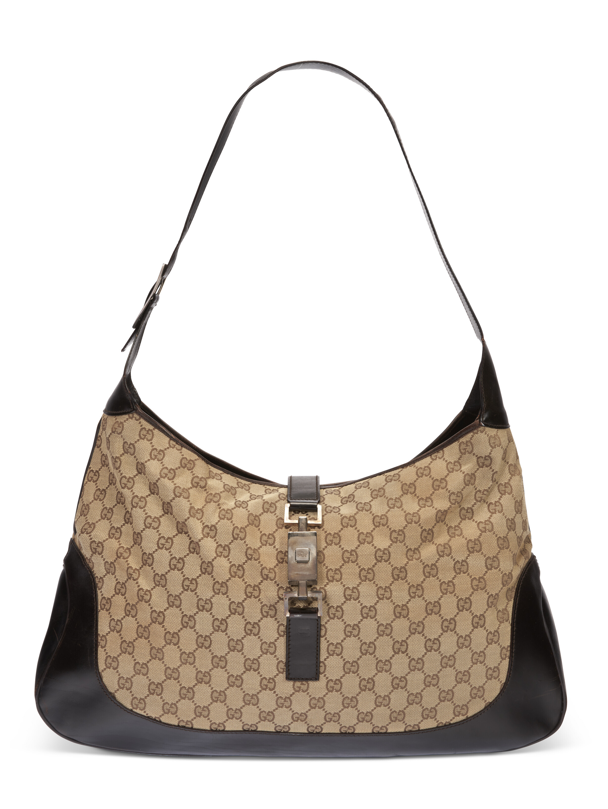 A brown GG monogram canvas and black leather &lsquo;Jackie&rsquo; bag with silver hardware, Gucci, circa 2000. Sold for $2,142 on 16 February 2023 at Christie&rsquo;s Online