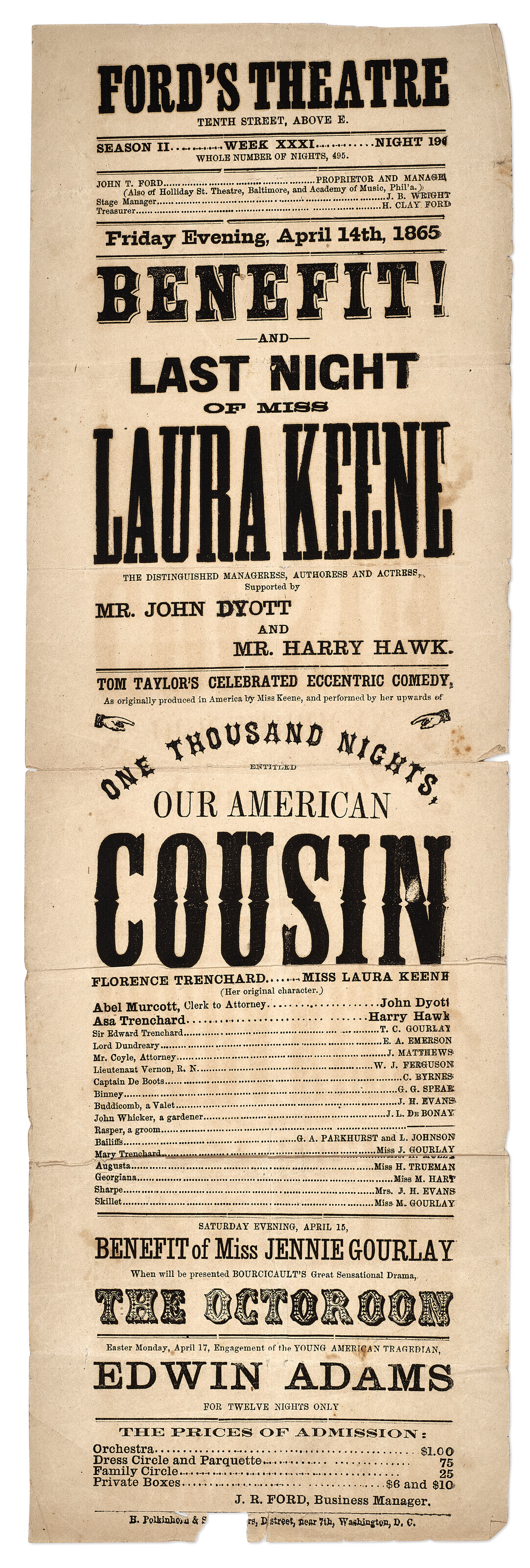A contemporary souvenir issue of the Ford's Theatre playbill, H