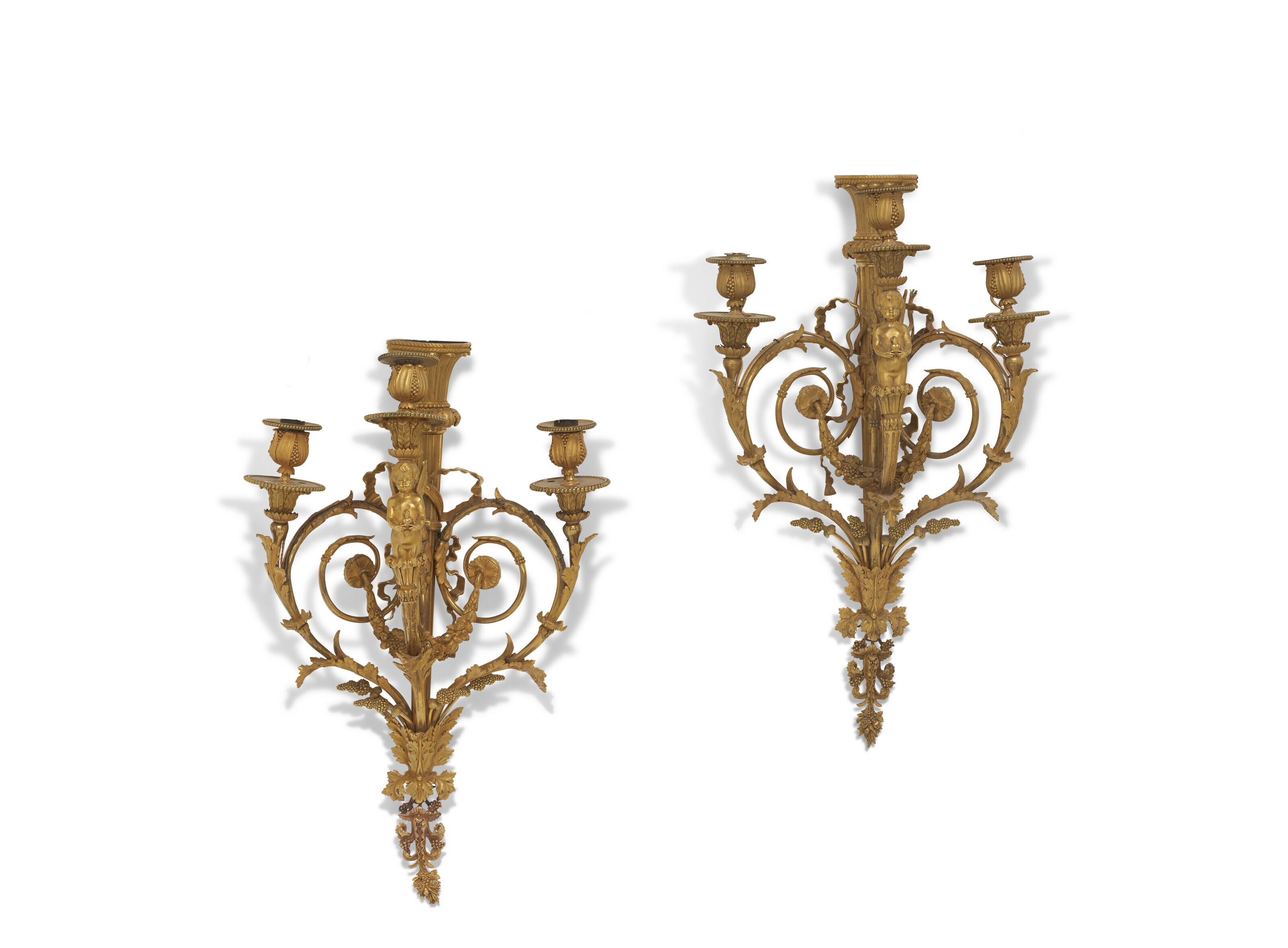 A PAIR OF FRENCH ORMOLU THREELIGHT WALL APPLIQUES, BY HENRY DASSON