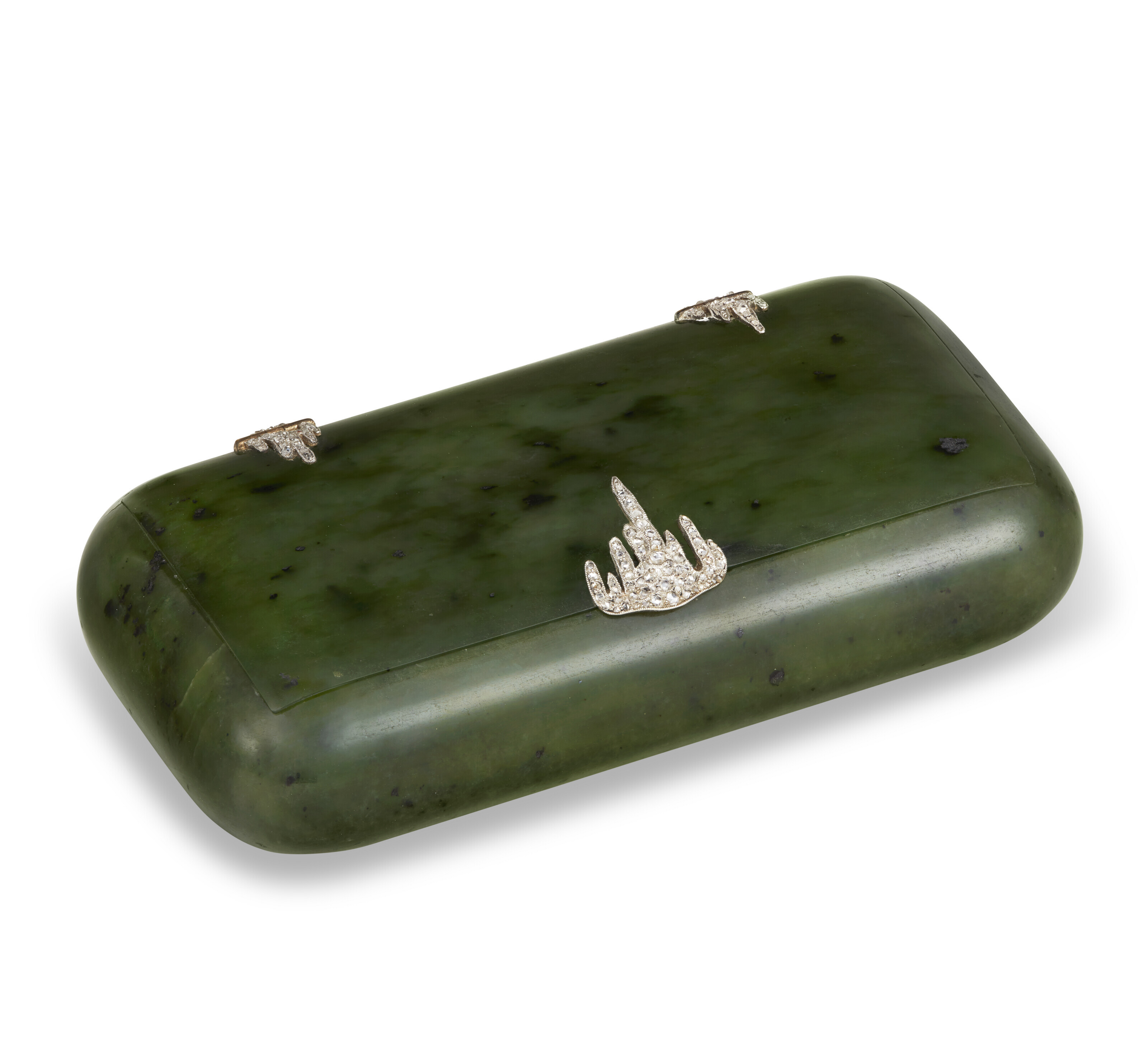 A JEWELED GOLD-MOUNTED NEPHRITE CIGARETTE CASE, BY FABERGÉ, ST. PETERSBURG,  CIRCA 1910, SCRATCHED INVENTORY NUMBER 21443